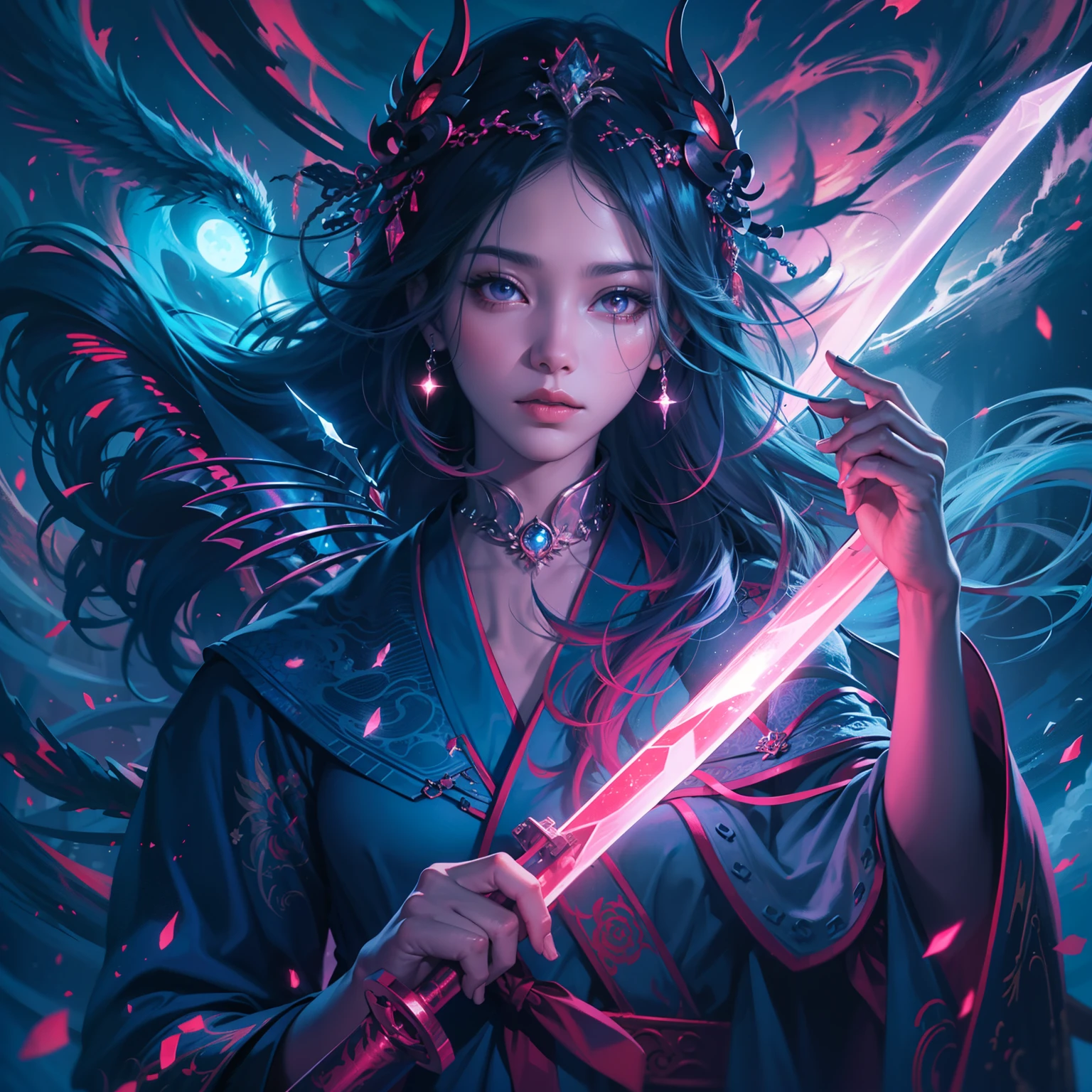 (mysterious:1.3), Surreal hybrid fantasy, Oriental dragon, Asian woman holding glowing sword,Void Energy Thunder Sword, Deep sky blue and light sky blue style, Mixed reality and fantasy elements, Vibrant comics, UHD image, Glassy translucent, lively illustrations, Ultra photo realsisim, Long hair, Straight hair, Light purple hair,Head ornament, jewely, Shawl,Light in Eyes, Red eyes, Portrait, Firefly, Bokeh, mysterious, fantasy, Cloud, abstracted, Colorful background, Night sky, Flame, Very detailed, high resolution, Sharp, Sharp images, 4K, 8K, Masterpiece, Best quality, Magic effects, (High contrast:1.4), Dream art, Diamond, skin detailed, detail in face, eye detailed, Mysterious colorful background, dark blue theme
