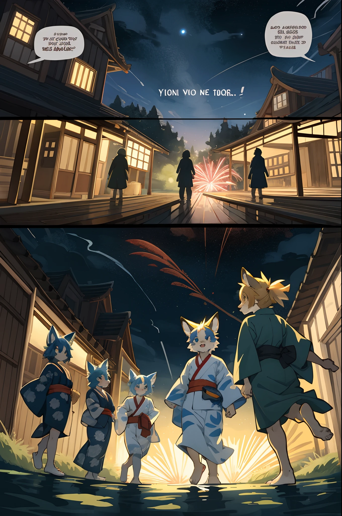 top quality, best quality, highres, masterpiece, super high resolution, detailed background, lake, nigh sky, firework, japanese yukata, 6+boys, 6+girls, absurdres(highly detailed beautiful face and eyes)perfect anatomy, good lighting, cinematic shadow(kemono, furry anthro)assorted expressions, assorted poses, assorted angles, full body, upper shot, dynamic angle(girls comic-like panel layouts, speech balloon, English text, Hand-drawn sound effects stickers used in girls comic),