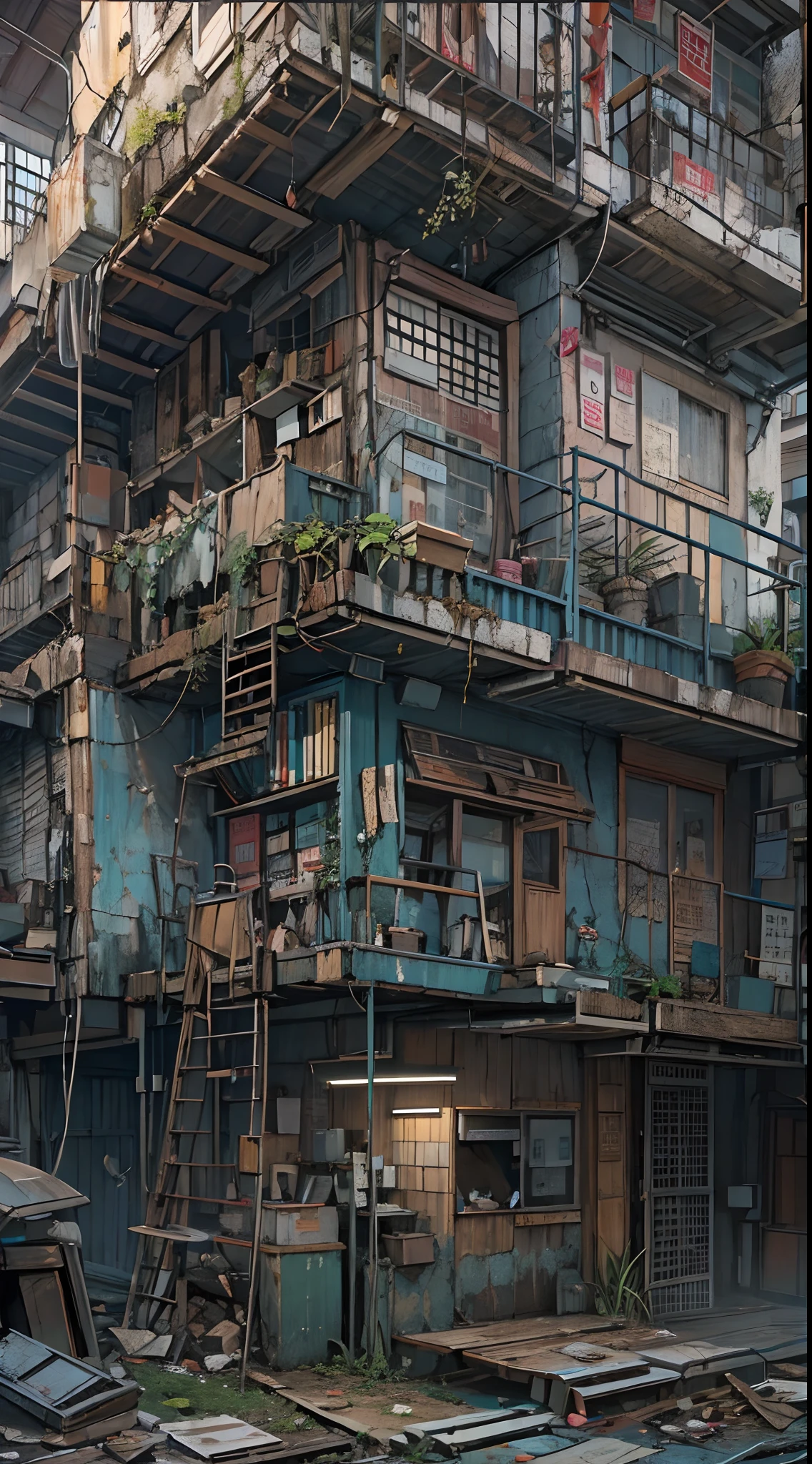 profile view(Interior of a four-story building)、Multiple rooms are neatly arranged,cyber punk perssonage、Waste soil style,Cluttered furniture,Dilapidated buildings,(Conceptual digital art,The is very detailed,reasonable design,k hd,Best picture quality,tmasterpiece,超高分辨率,4K)