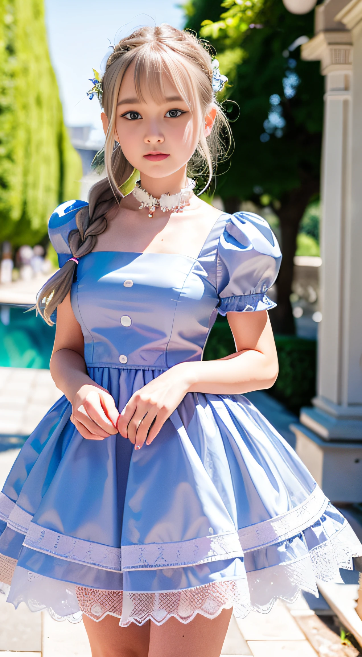 (ultra-detailliert), White cute princess dress,(frilly dress),(shortsleeves),Blue eyes,a closeup,Lovely smile,facing front, 20yr old, Girl in her 20s,no tail,(no tail),2D, masterpiece, top-quality, animesque, A detailed eye, A detailed face, girl with, Only 1 person,Silver-haired medium hair, (silber hair), Ear Hair, small tits, Single braid, (Single braid), (Side braid), Pink ribbon, Ribbon around the neck, (Gray sleeves), Stand in front of the palace,