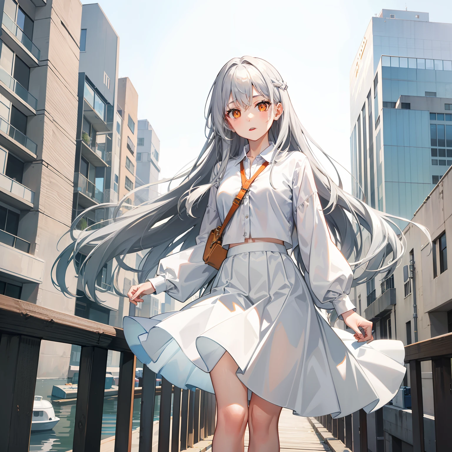 Silver-white girl with long hair,orange eyes,With your mouth open,standing on a bridge,expressiveless,wearing a white skirt