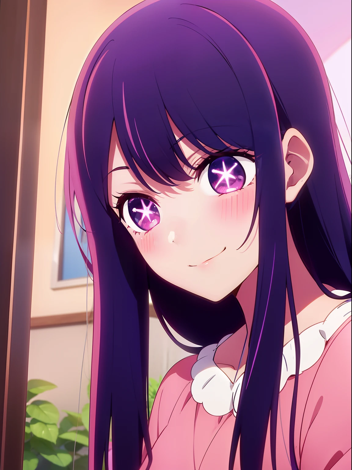 Anime girl with long hair and purple eyes, a picture inspired by Puru, Tumbler, conceptual art, Anime Best Girl, anime moe art style, closeup Iwakura Lain, Anime visuals of cute girls, Anime girl named Lucy, iwakura lain, Still from TV anime, anime still image, (Anime Girl)、Live performance venue、pink dress、A smile、Ai Hoshino、