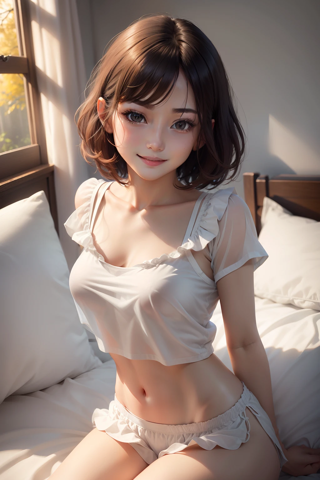 (a bed)(( Smiling wrapped in white sheets))、((middlebreasts、tomgirl、the head is small))、sunlights、(the perfect body : 1.1)、(((Short straight hair : 1.2)))、reddish brown hair、 ((( white t-shirts)))、(Ruffled pants)、(Highly detailed CG 8K wallpaper)、(extremely delicate and beautiful)、(​masterpiece)、(top-quality:1.0)、(超A high resolution:1.0)、beautiful  lighting、perfect lightning bolt、realistic shadow、[hight resolution]、Detailed skin、ultra-detailliert