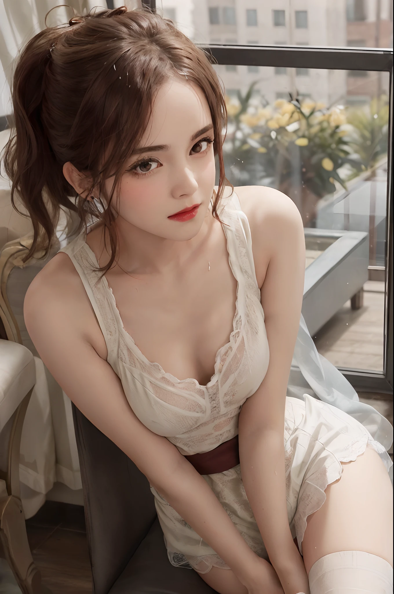 Masterpieces: 1 girl.2 girls, best quality), realism, (real pictures, rich detail details, depth of field), (1 girl called girl, solo), makeup, high detail, perfect face shape, (: 1 girl.4 pcs.), (skin dents), thick thighs, wide hips, thin waist, high, coral, red lips, red eyes, ponytail (girls, shallow tulle, tulle transparent), (sweat: 1 girl.2 girls), (wet), sexy, blush, (shy expression), yellow petal clothes, shirt, stockings,