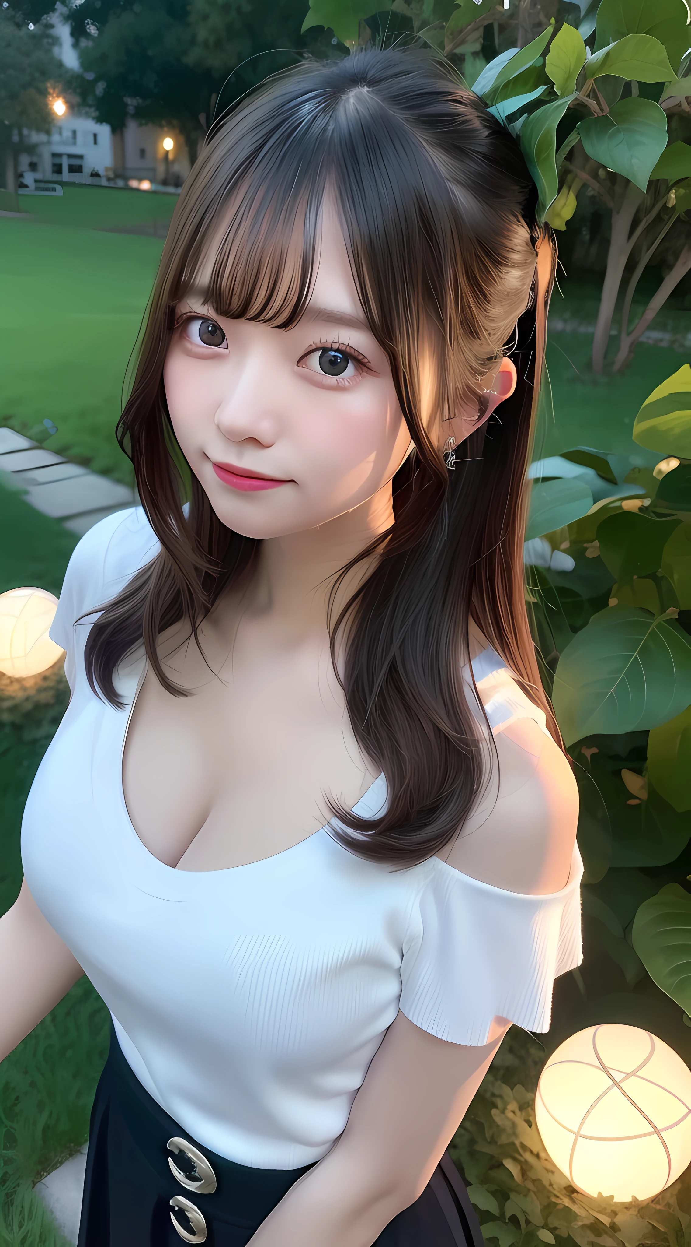 Expansive landscape photograph,(look from down,Above is the sky,Below are open fields),A girl standing on a flower field looking up,真实感,Wear an off-the-shoulder white shirt,Woman in black tight skirt,真实感,Faded gray hair,Chinese women,Delicate facial features,gigantic cleavage breasts:1.2,blue color eyes,
(moon full:1.2),(meteors:0.9),(Starcloud:1.3),Far Mountain, Tree BREAK making art,(Warm light source:1.2),(glowworm:1.2),lamp lights,Lots of purple and orange,Complicated details,Volumetriclighting,Realism BREAK(tmasterpiece:1.2),(best qualtiy),4k,Ultra-detailed,(dynamic compositions:1.4),The is very detailed,Colorful details,(Irridescent color:1.2),(luminouslighting,Atmospheric lighting),dream magical,magical,(独奏:1.2)