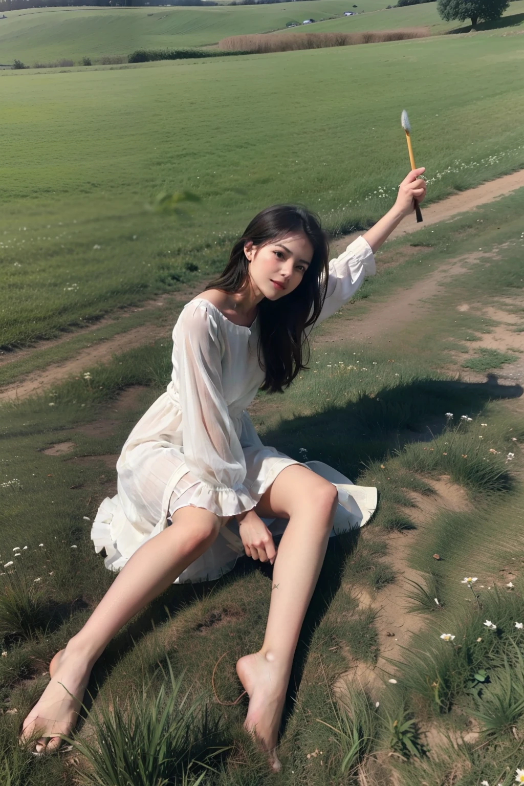 Beautuful Women,grassy fields,Brush in hand,The feet are white and tender