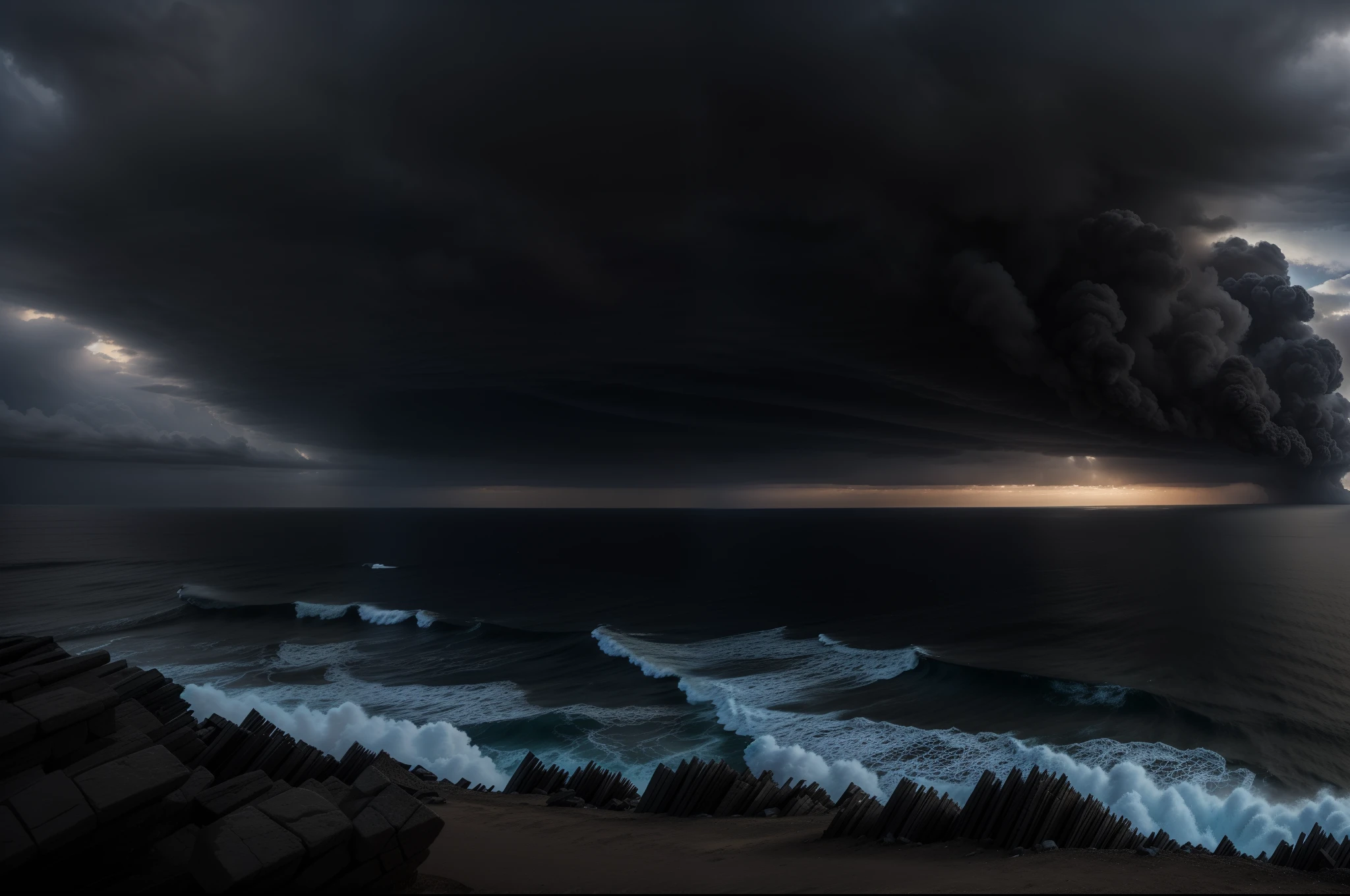 panoramic view, dark lighting, An oceanic coastline with the sky shrouded by black clouds and smoke, winter winds, 4k, HDR.