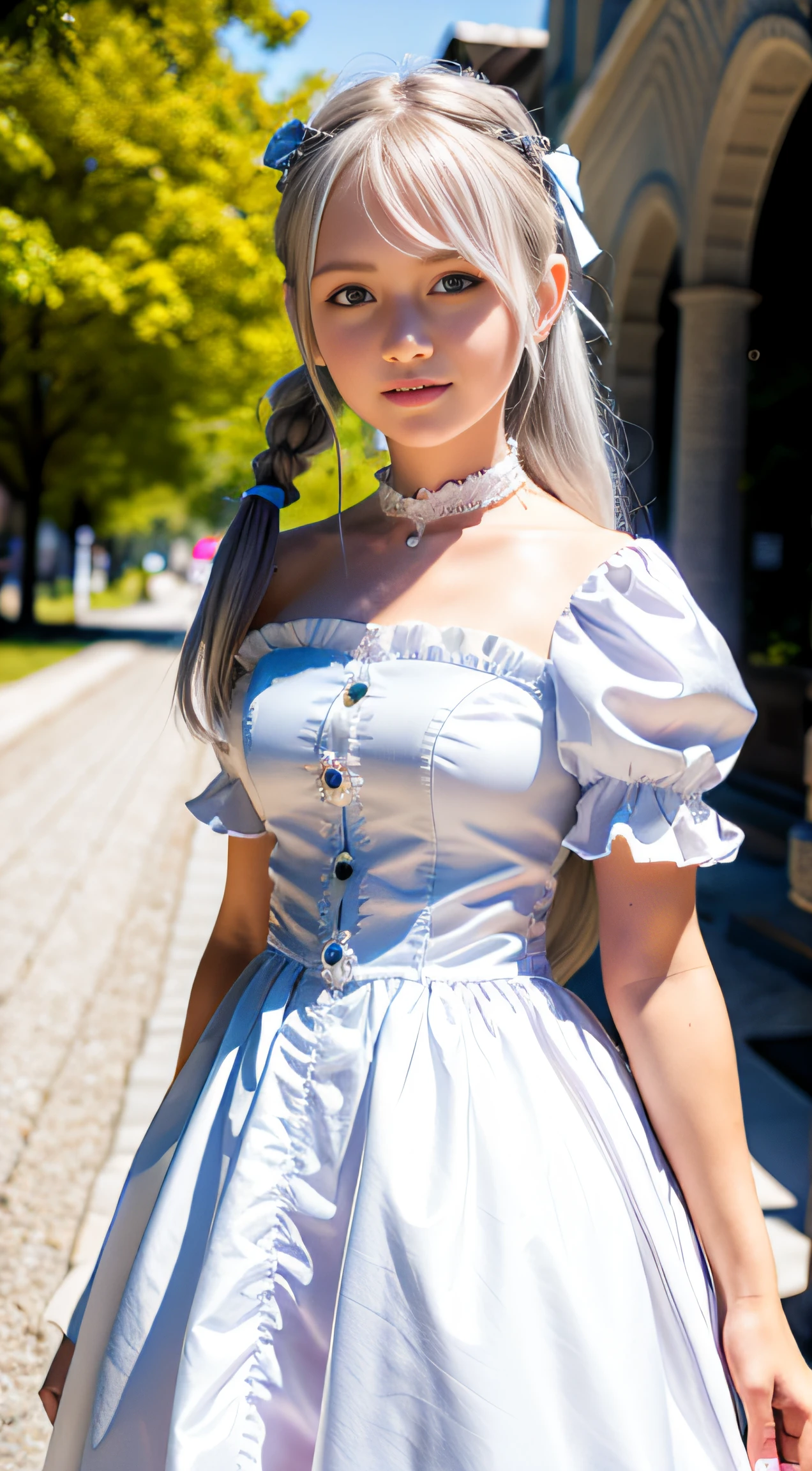 (ultra-detailliert), White cute princess dress,(frilly dress),(shortsleeves),Blue eyes,a closeup,Lovely smile,facing front, 20yr old, Girl in her 20s,no tail,(no tail),2D, ​masterpiece, top-quality, animesque, A detailed eye, A detailed face, girl with, Only 1 person,Silver-haired medium hair, (silber hair),  Ear Hair, small , Single braid, (Single braid), (Side braid), Pink ribbon, Ribbon around the neck, (Gray sleeves), Stand in front of the palace,