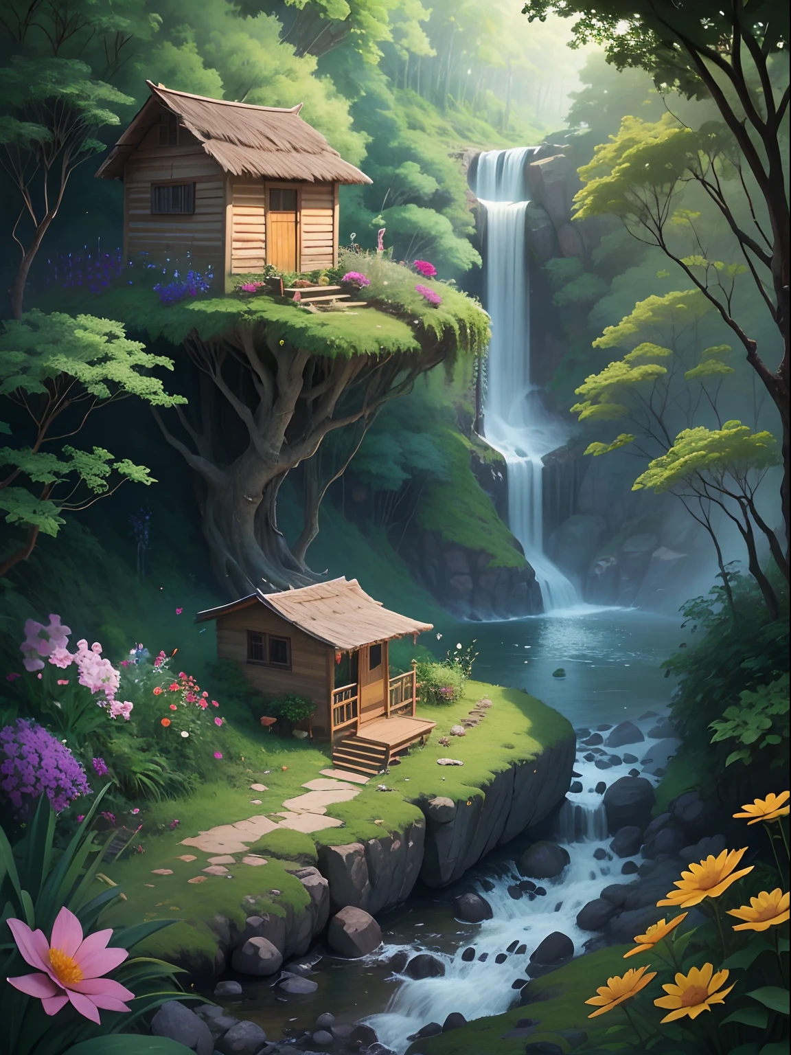 jungle, waterfall, surrounded with wild flowers. a tiny hut with a person standing on its porch, viewed from afar. masterpiece, best quality, high detailed