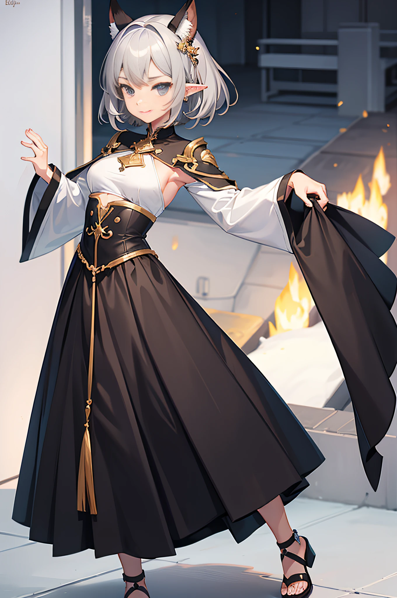 Small size,B cup bust,long skirt,Positive perspective,ssmile,Long pointed ears,short detailed hair,Gray hair,anime big breast,Best picture quality