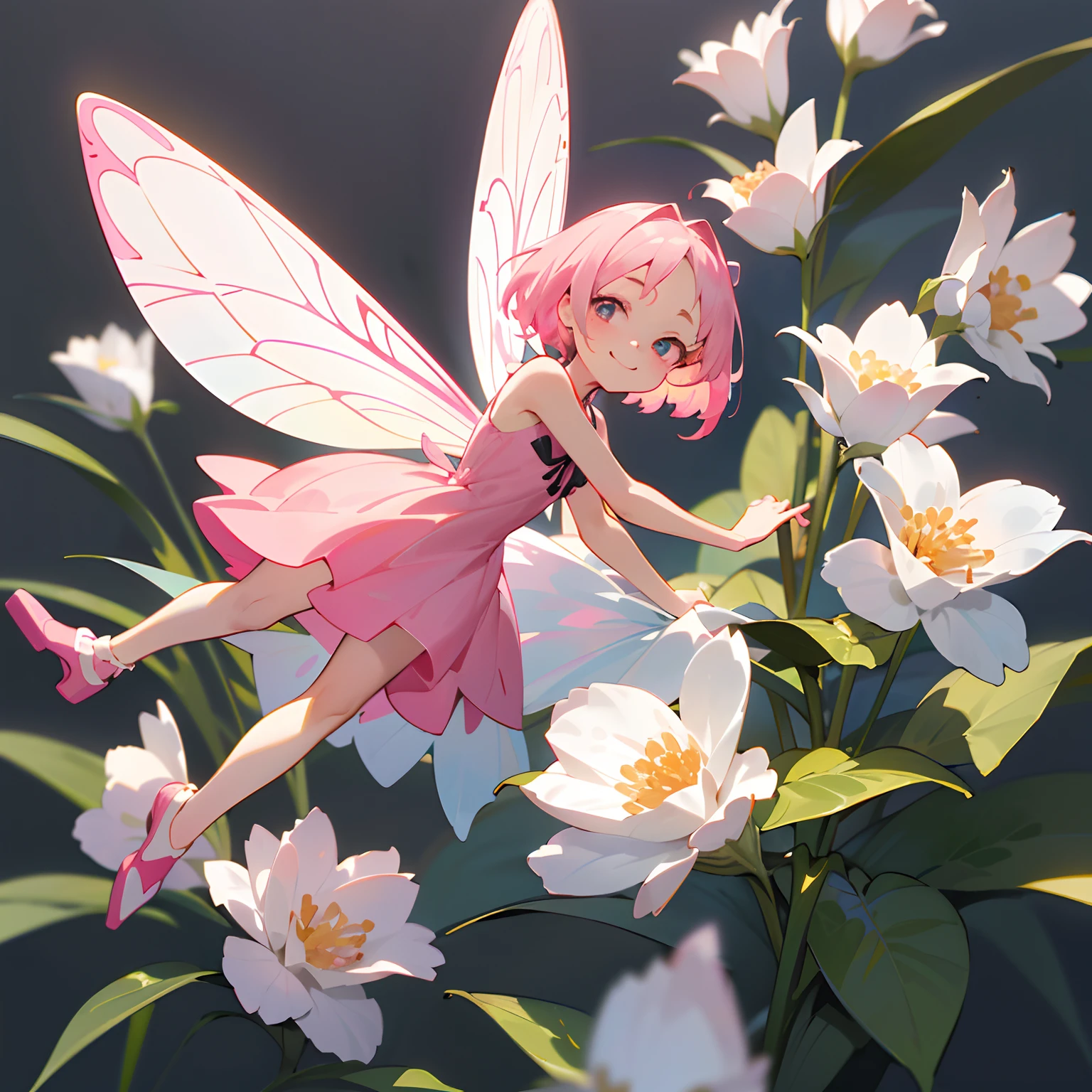absurderes, hight resolution, (Anime style:1.1),((masutepiece)), ((Best Quality)), (Ultra-detailed), (Beautiful),((Kawaii Girl)、Top image quality、masterpiece、Flat background、without background、full body Esbian、1人、独奏、cute little、50mm portrait、Delicate facial features、semi - realistic、foco nítido、Crystal clear white skin、full body Esbian、(Hair color pink)、Flower Garden、Smell flowers、are flying、(A small fairy with a total length of about 10 cm:1.2)、(gently smiling)、Detailed eyes in pink color