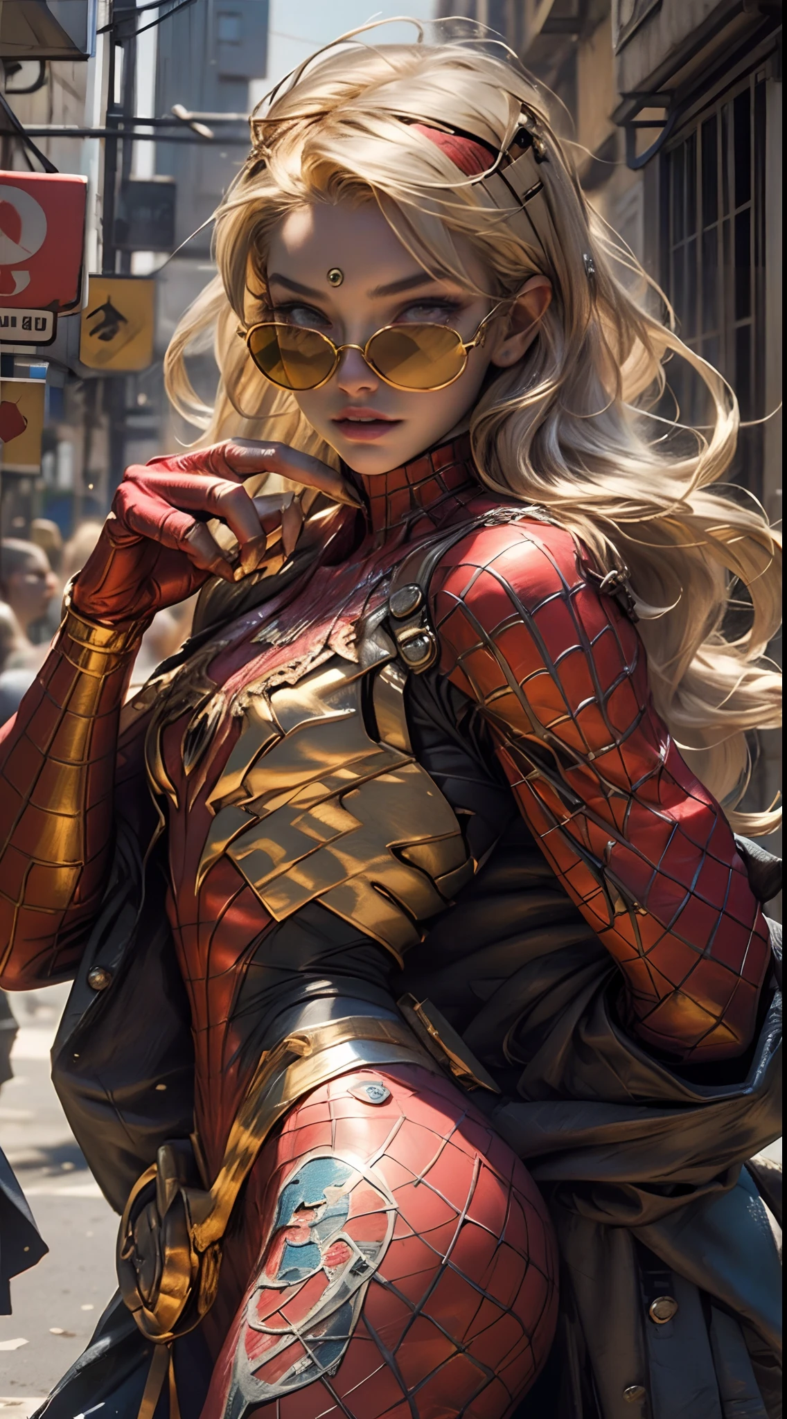 Beautiful blonde woman detailed defined body using gold spider man cosplay, tiny breasts, gold sunglasses