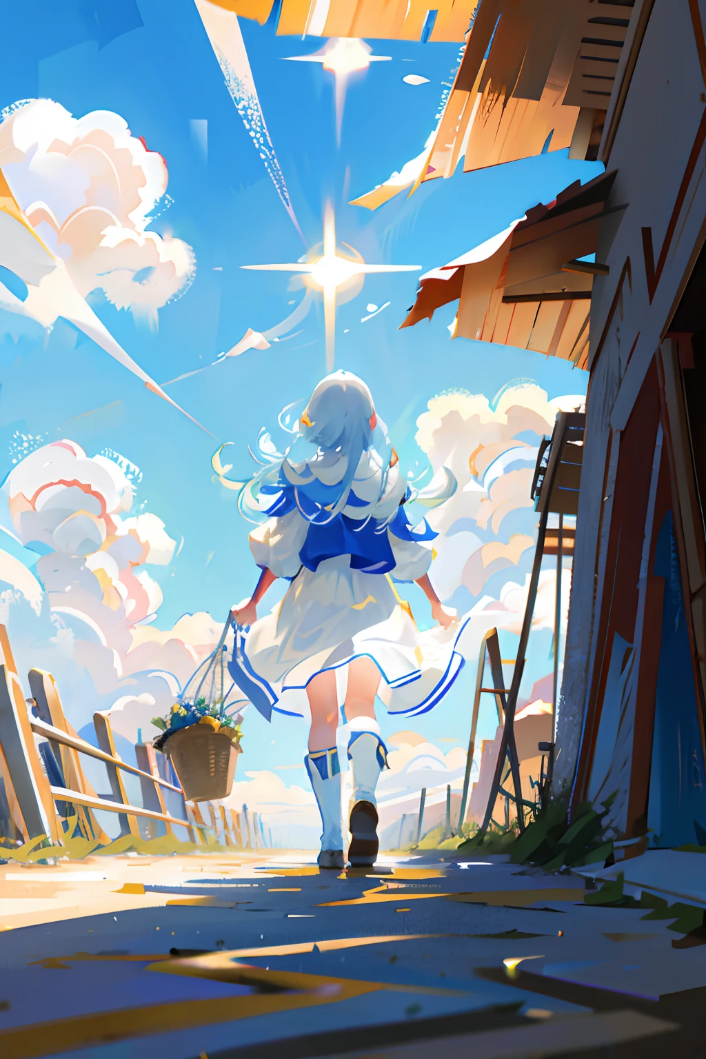 with blue sky and white clouds，Sunlight shines through the clouds and hits the ground