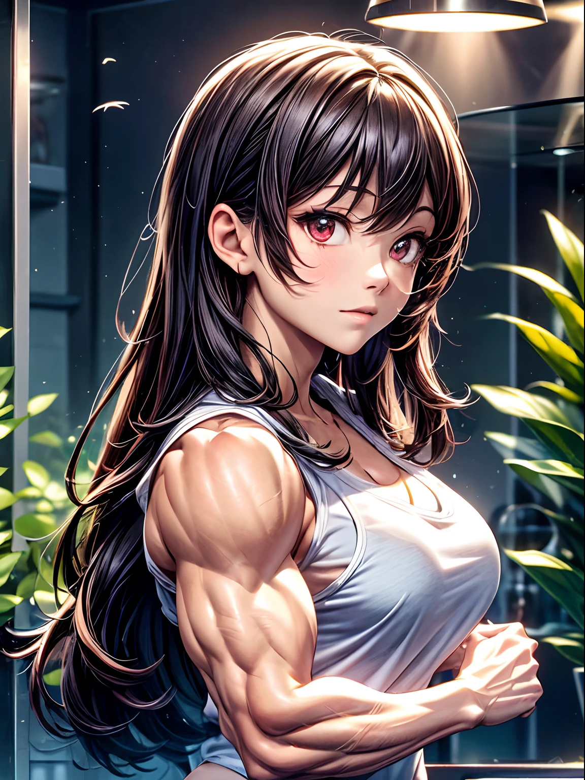 4k, ,Lens flare, black hair ,mascara, eyeliner, god rays, 4k, 8k, best quality, masterpiece, hyper detailed, intricate detail, eyes aligned, long hair, tank top, massive breasts, window, smug, red eyes, muscles, abs, sunset, glowing eyes