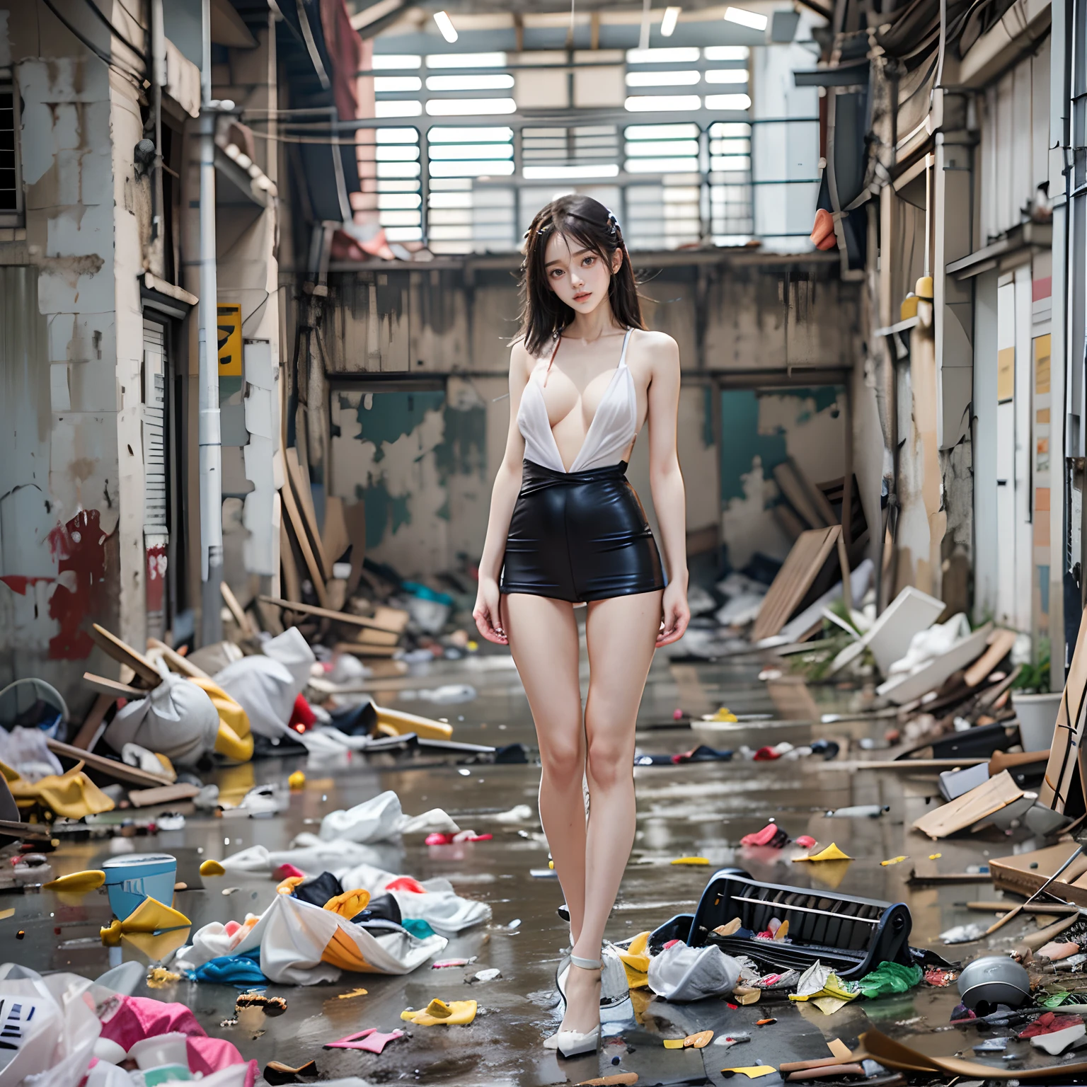 abandoned building，Garbage all over the ground，Sexy standing pose，full-body portraits（1：1），18-year-old Korean beauty student，Random white sexy transparent Korean student outfit and one-piece stockings，(Slender and slender figure)，Skinny，As thin as a whipping post，Smaller bust，(((Random nudity all over the body)))，exhibitionists，Random exposure of genitals