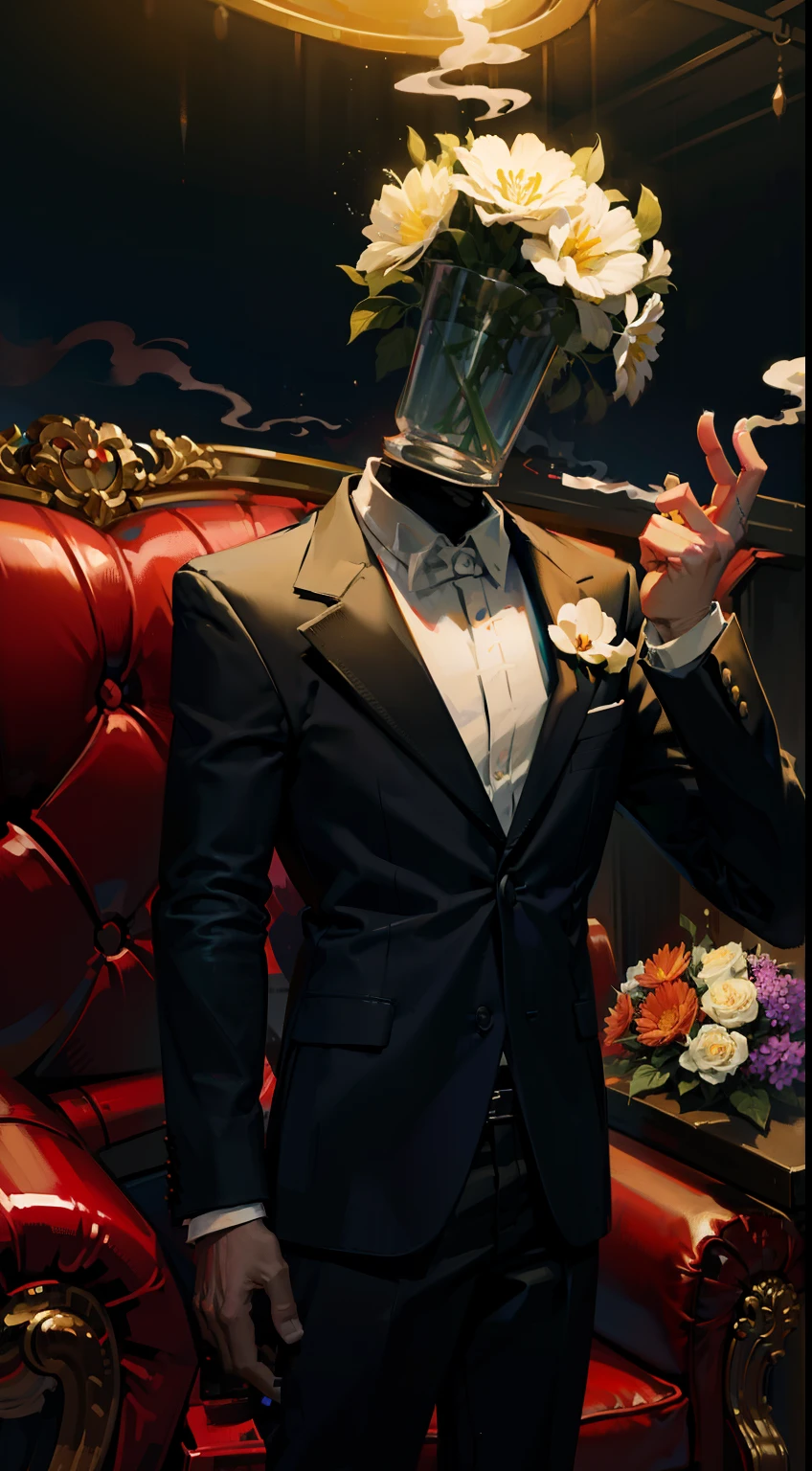 1man, masterpiece,strange head, flowers head, flowers in head,couch, gun, pistol, smoke, formal clothes,suit, white shirt, high details, gorgeous, 4k, BREAK close up, no humans, cinematic, dramatic,contrast, , night,fog, wallpaper, misteryous, digital art,