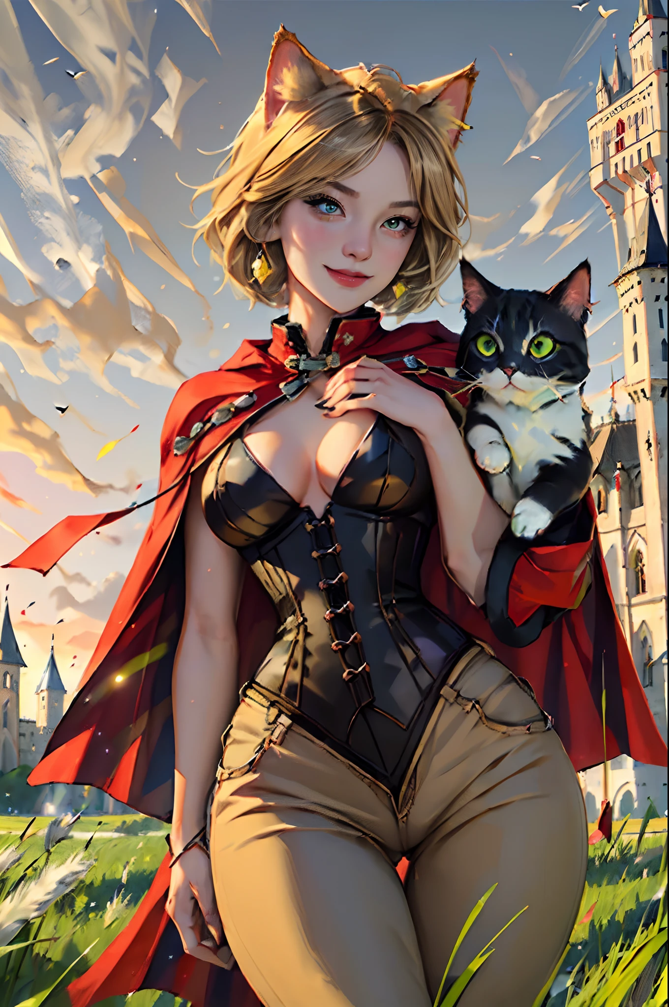 Catgirl thief standing with one hand on her hip the other lifted up near her face showing off her claws, short blonde hair,skintight beige pants, black boots, white corset, catbell coller, red cloak, blonde cat ears, blonde cat tail, large yellow cat eyes, cat claws, smirking, (grassy field in front of massive castle:1.3) (golden sunset:1.1) mist ray tracing z pass, (masterpiece) (best quality) (detailed) (8k) (cinematic lighting) (sharp focus) (intricate)
