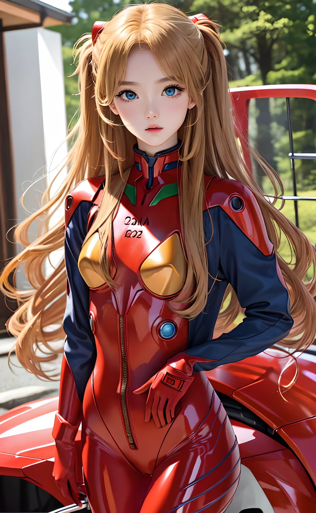 realisitic、a picture、high-level image quality、独奏、Perfectly detailed face、Detailed blue eyes、ighly detailed、red blush、hair adornments、Chignon mahogany hair、(blonde  hair)、Plug Suit 02,Shikinami Asuka Langley、slender beautiful legs、 Young face、pretty eyes、full body suits、Torn suit、Chest flutters、Chest exposed、Background of Hakone