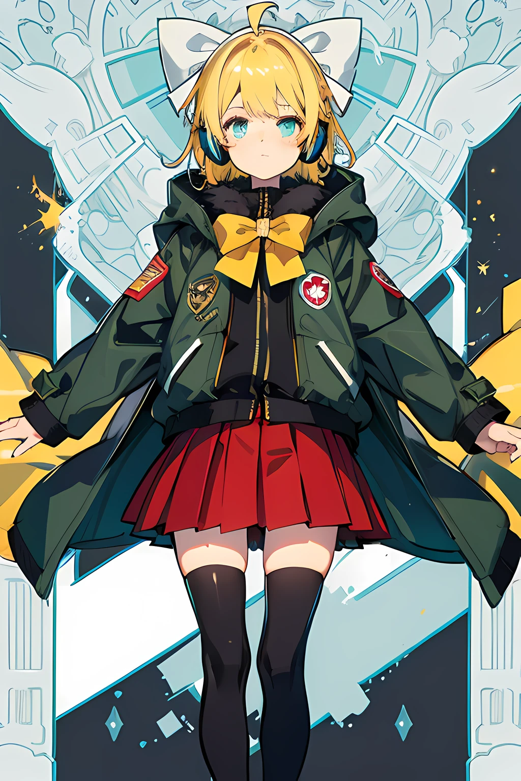 Yellow hair, Blue eyes, Black coat, White coat, Yellow coat, Red coat, headphones, Pleated skirt,Solo,Lori,Cute,Bow, 8K, masterpiece,Green coat