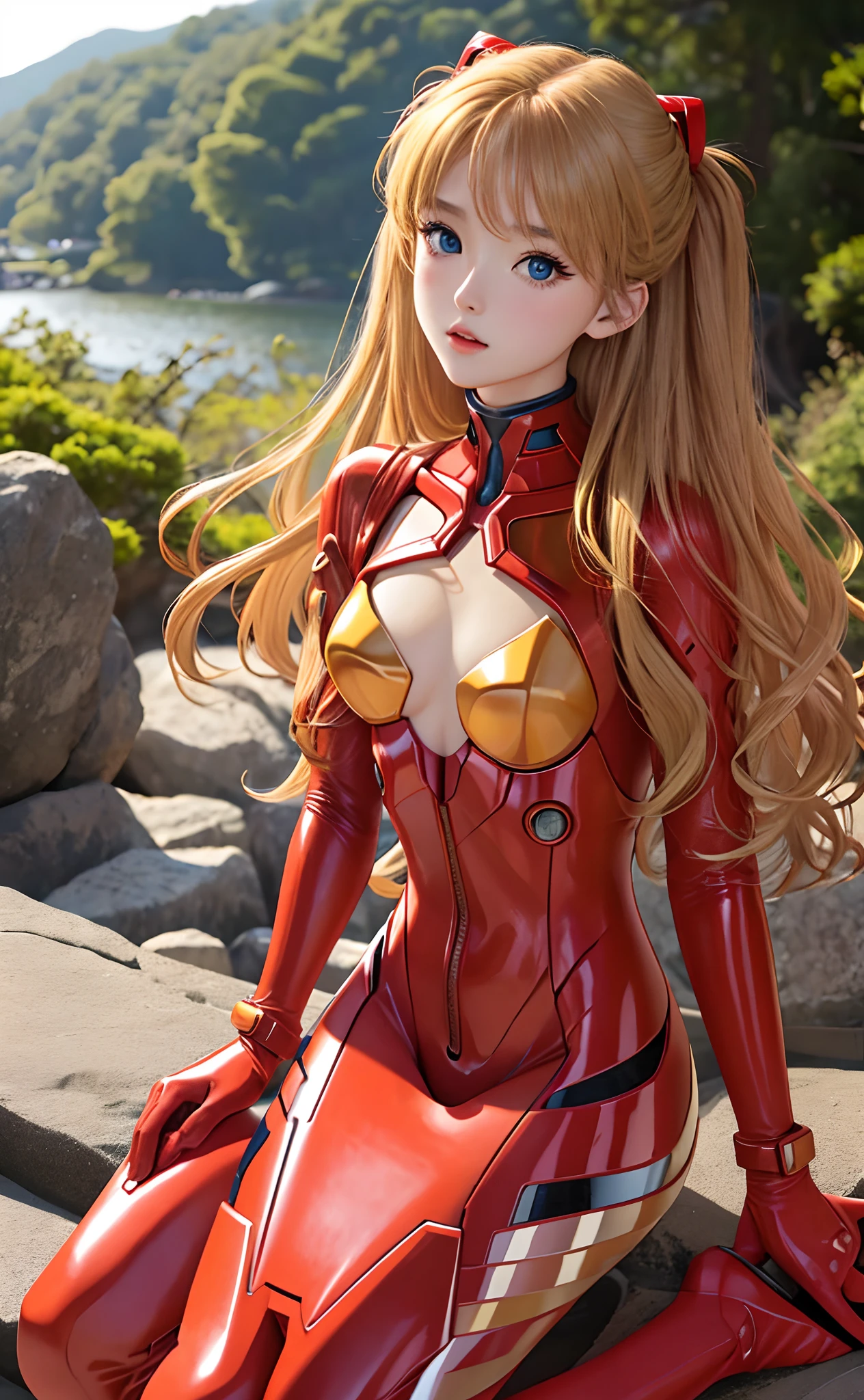 realisitic、a picture、high-level image quality、独奏、Perfectly detailed face、Detailed blue eyes、ighly detailed、red blush、hair adornments、Chignon mahogany hair、(blonde hair)、Plug Suit 02,Shikinami Asuka Langley、slender beautiful legs、 Young face、pretty eyes、full body suits、Torn suit、Chest flutters、Chest exposed、Background of Hakone