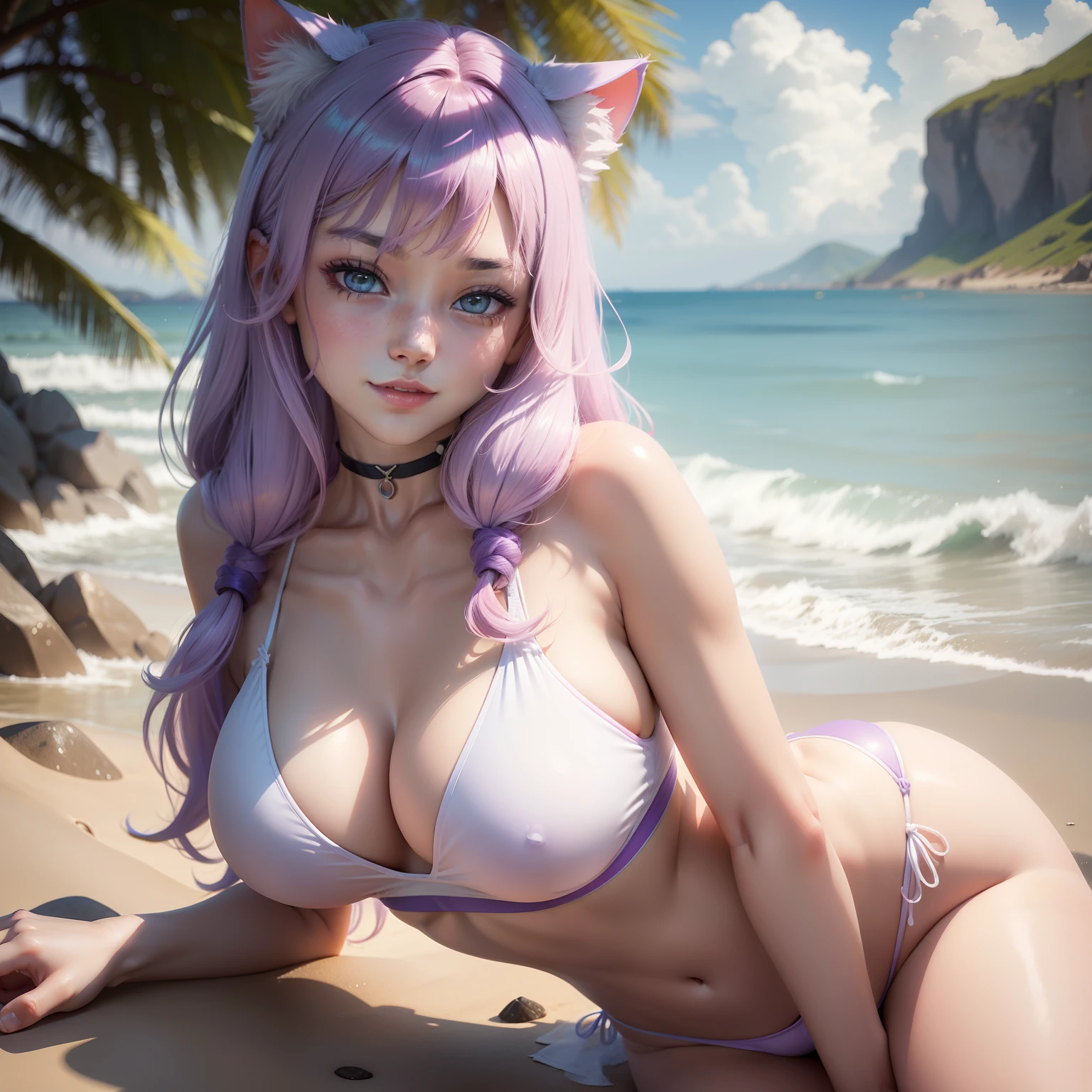 shores,rained,adolable,cat ear,独奏,white swimwear,Looming ,youthfulness,s girl, ssmile,Best quality at best, realisticlying, ultra - detailed, perspired, Gorgeous Hair in Long Purple, Pink pupils,slenderness,Dynamic light and shadow,A high resolution,Large breasts