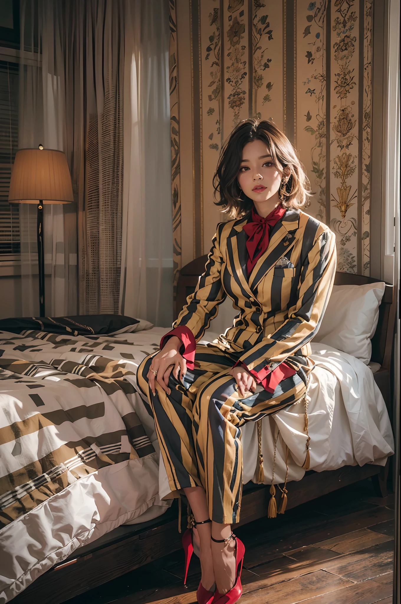 Full body image. A woman dressed in a strange striped suit made of silk. She is in a nicely decorated and modern bedroom. With excellent lighting. Image taken with Sony evil alpha one camera and Sonnar T FE 55 mm F1,8 ZA lens. (La mejor calidad) obra maestra ((Pechos muy grandes)) ((cabello rubio)) (cuerpo delgado)