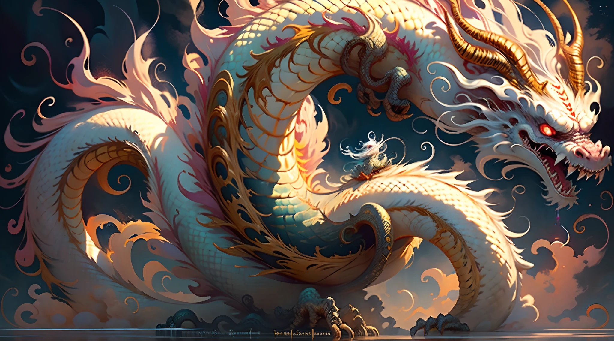 Best quality at best,tmasterpiece,超高分辨率,A Chinese dragon,(The long:1.2),(Finely:1.2),Long hair,dentes pontiagudos,red eyes,teeth,immensity,The bird,exteriors,standing on your feet,Coiled around a huge hop,hop,clouds,banya,from back,heroic bearing,Skysky,with her mouth open,faceoff,Accumulating power,Ogre,White hair,buliding,vale,(textures true to reality:1.2),(Glowing multicolored scales:1.2),(realistic detail:1.2),hdr,Ultra-detailed 3D modeling,Like Tim Burton、Dale Chihuli、Xiaolongcheng、Cyril Rolando and other writers,Such as small. Giger's style paintings are just as magical。Shadows and lighting are intertwined,Produces brilliant results。