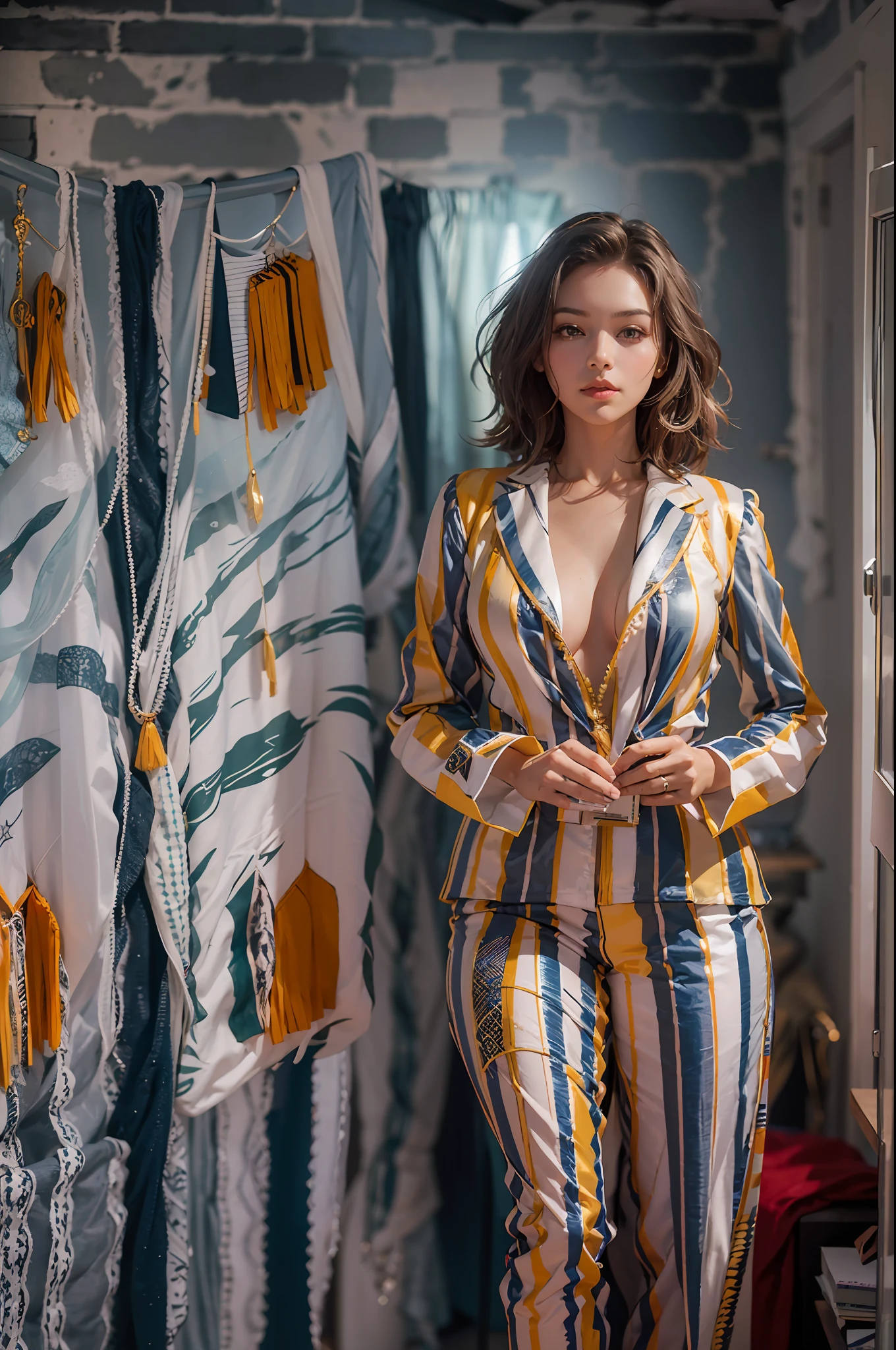 Full body image. A woman dressed in a strange striped suit made of silk. She is in a nicely decorated and modern bedroom. With excellent lighting. Image taken with Sony evil alpha one camera and Sonnar T FE 55 mm F1,8 ZA lens. (La mejor calidad) obra maestra ((Pechos muy grandes)) ((cabello rubio)) (cuerpo delgado)