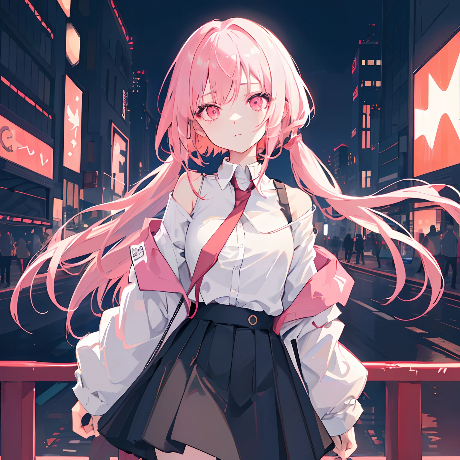 1girl, solo, loli, petite,(night_sky), (very_long_pink_hair), braids, (red_eyes), medium_breasts, (white_shirt:1.5), (windbreaker), (off_shoulder:1.2), (portrait), glowing_eyes, background_light, (cityscape:1.5), (neon_lights:1.2), (science), cyberpunk, ((masterpiece)), (highres), (best_quality), (highly_detailed), (original),(Delicate background),(extremely detailed 8K wallpaper),cinematic lighting, volume lighting, light particles, shaded_face, beautiful_detailed_eyes, depth_of_field, perspective,