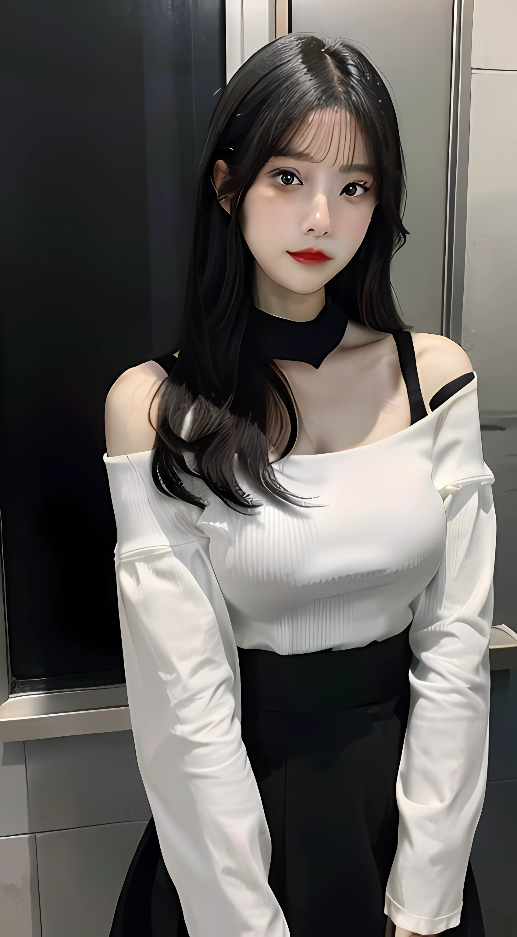 Chinese young woman，Delicate facial features，真实感：1:4，Off-shoulder white shirt，Black tight skirt，Black collar，Faded gray hair，gigantic cleavage breasts：1.2