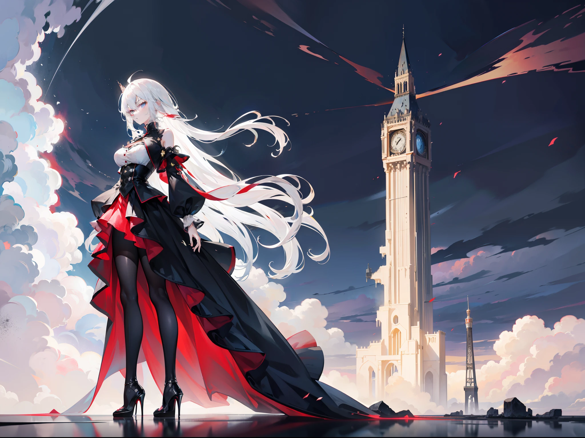 Beautiful girl with white hair,Extremely tall,Extremely thin,Poor milk,Wearing a black dress,Extremely high heels,Master the power of hurricanes,Stand in front of a tornado,Fly in the wonderland of storms,The figure is extremely tall and slender,The skirt of the dress was blown up by the hurricane