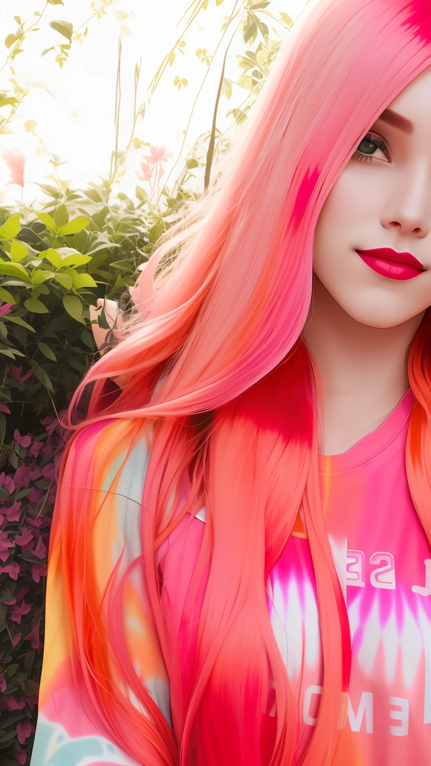 there is a woman with long hair and a tie dye shirt, pink and red color style, red dyed hair, red color, with pink hair, colourful long hair, blondedwith red hair, pink straight hair, long pink hair, red long hair, dyed hair, colored hair, ashe blonde hair, blondecolor bleed, long glowing colourful hair