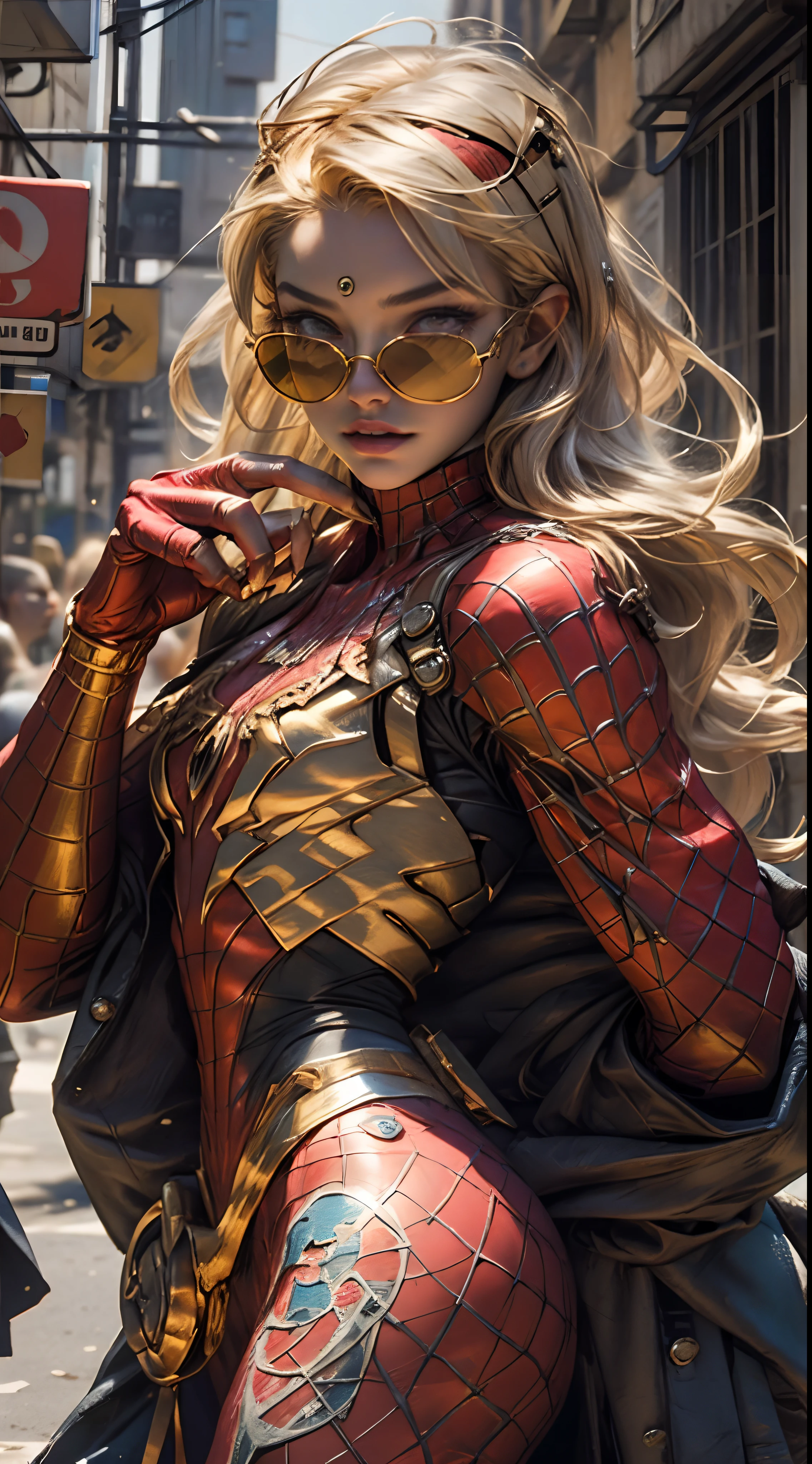 Beautiful blonde woman detailed defined body using gold spider man cosplay, tiny breasts, gold sunglasses