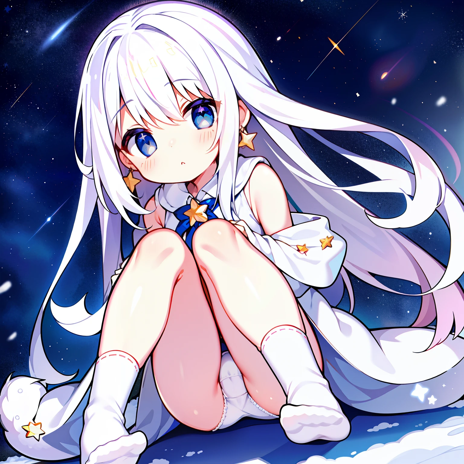 adolable,lgirl,star earrings,long whitr hair,Heteropupil,Sit on the ground with your knees bent,slanted bangs,exteriors,Light snow fell in the sky,The small mouth opens slightly,Faint starlight,The cheeks are slightly red from the cold,White hair,White hair,White hair,There are dull hairs,Bare legged,Star little white socks,Spread your legs,shyexpression,White panties leaking out,A little erotic