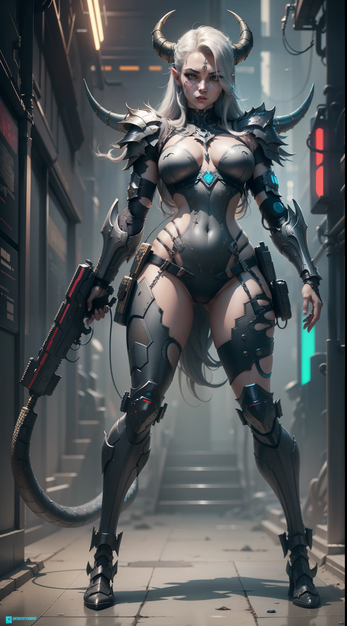 (masterpiece) horned she-snake demon, beautiful face, full body, in cyberpunk armor, legs in tight armour, (delicate facial detail) valkyrie warrior, cyberpunk style color scheme, ((intricate detail, highly detailed)) 8K.
