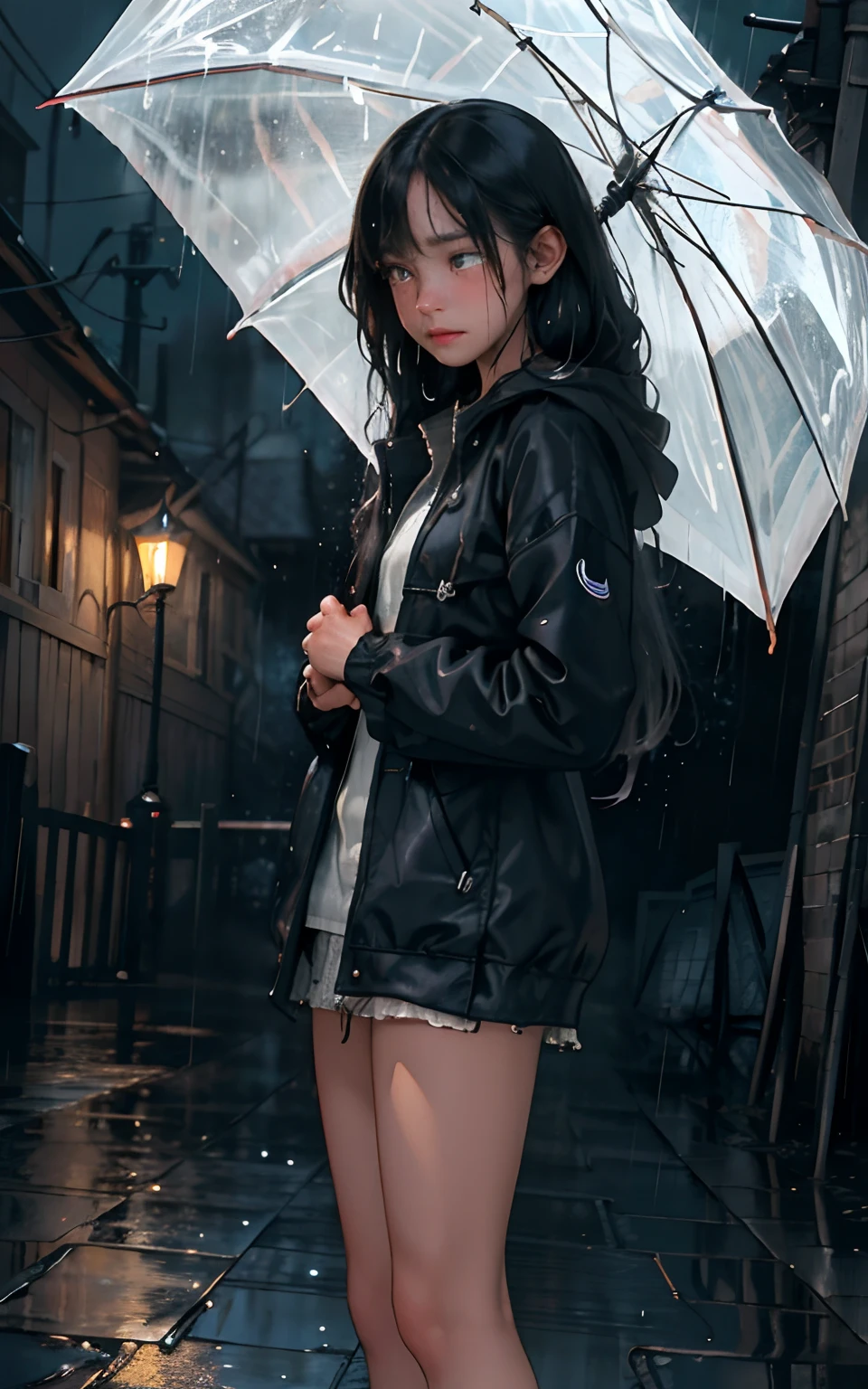 (masterpiece:1.2, best quality), (real picture, intricate details), (night, dark, downpour:1.4)
There was no one in the alley, and the surroundings were silent, only the raindrops sprinkled on the tile eaves of the low houses near and far, making a slight rustling sound. In the cold rain, (1girl, wet hooded jacket, sad, tears in eyes, shivering:1.2) standing on the ground, beautiful_face,