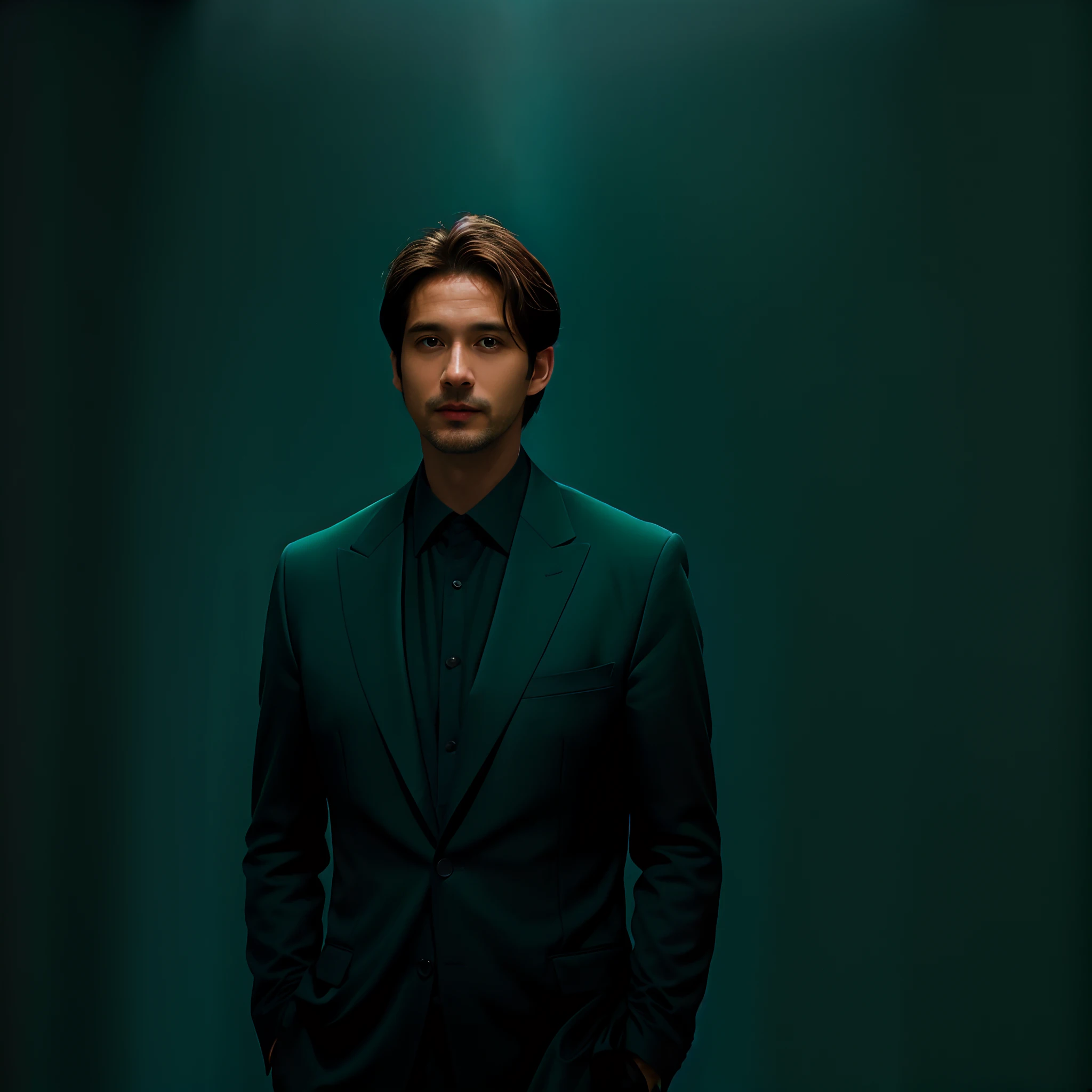 (Against a backdrop ' of deep emerald:1.5), ( a handsom man:1.5), (40 years old:1.5), is captured in an iconic Margiela emerald velvet suit. From a slightly raised angle, the camera focuses on her contemplative brown eyes, which gaze directly ahead. Soft lighting amplifies the bridge of his nose and his (short brown hair:2) . His serene expression carries an undercurrent of determination, embodying a man who's defined his journey on his own terms.