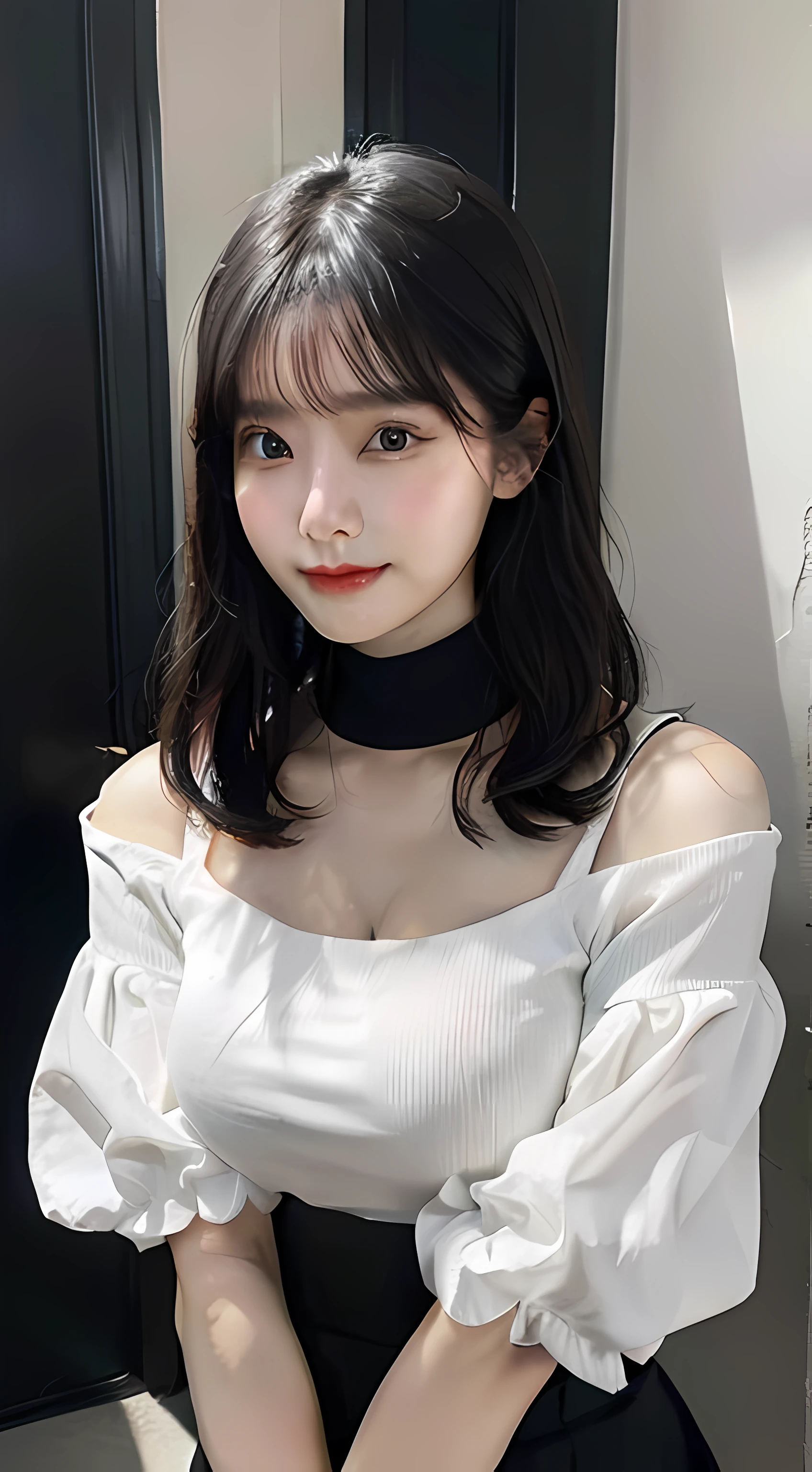 Chinese young woman,Delicate facial features,真实感:1:4,Off-shoulder white shirt,Black tight skirt,Black collar,Faded gray hair,gigantic cleavage breasts:1.2