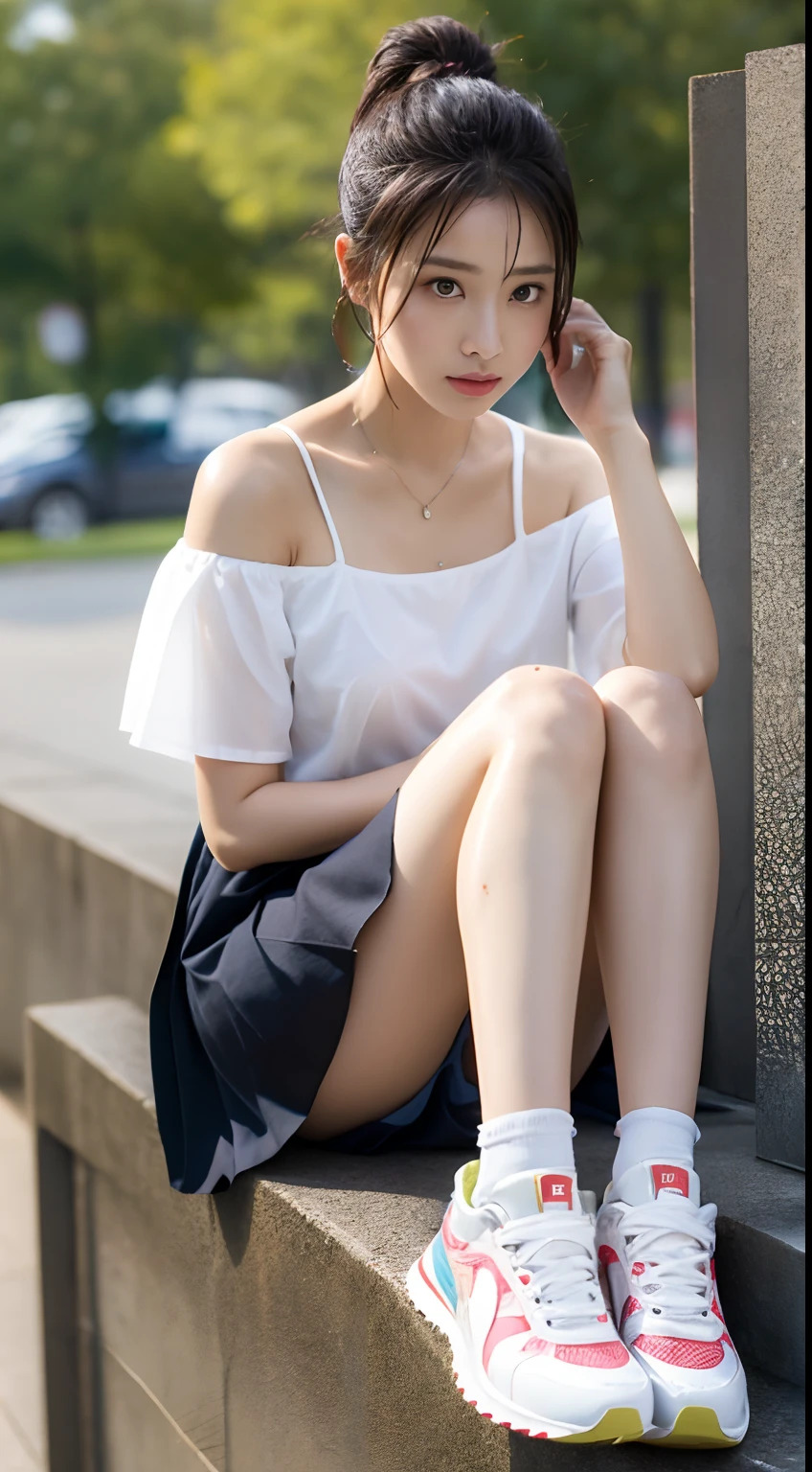 ((Best picture quality, 8K, tmasterpiece:1.3)), 1girll, Casual hairstyle, （off-shoulder blouse，Short pleated skirt：1.3）,（wet see through clothes：1.4），Ultra-fine face, A detailed eye, 二重まぶた，（long leges：1.4），（athletic sneakers：1.3）Erlang legs，Sit sideways on a high platform