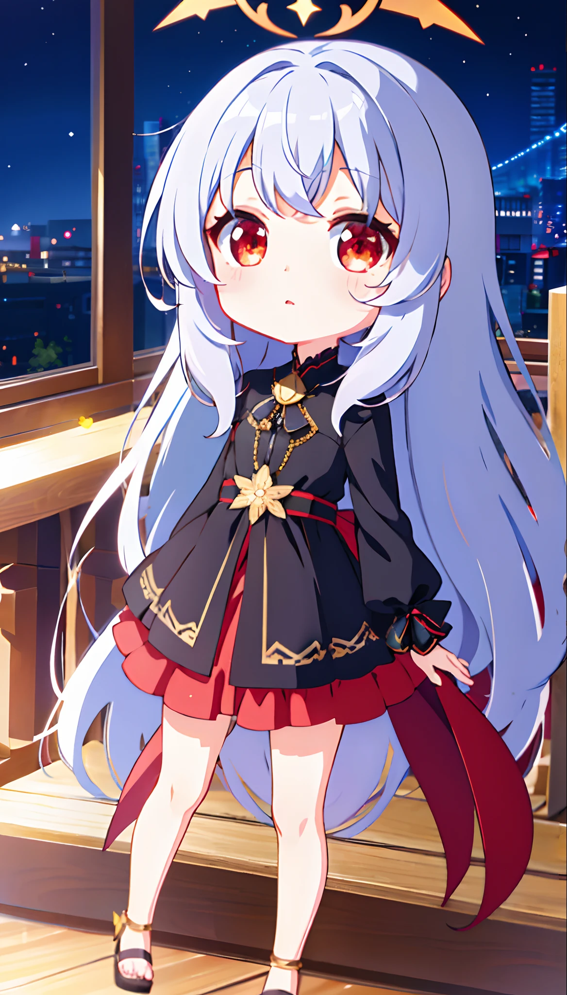 (Chibi:1.2)、Chibi Chara（​masterpiece:1.4）、Jewel-like red eyes（top-quality：1.4)、（a very pretty girl、hyperdetailed face、Eyes Like Gems、very long hair of silver:1.4）、Mini、（full body Esbian、Perfect two arms、Perfect two legs:1.4）、(Perfect four fingers:1 thumb)、optic、brilliance、Bokeh、Ultra-fine、fullllbody、Standing、Advanced Digital Chibi Art
