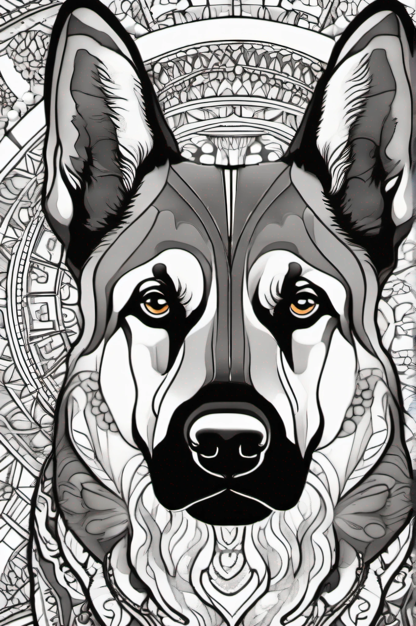 dog, mandala German Shepherd body, mandala dog face, fantasy, magical, mystical, unusual, black and white, wavey lines, realistic line art drawing, coloring book page , no noise, crisp thick lines, outline art, centred image, isolated on a white background