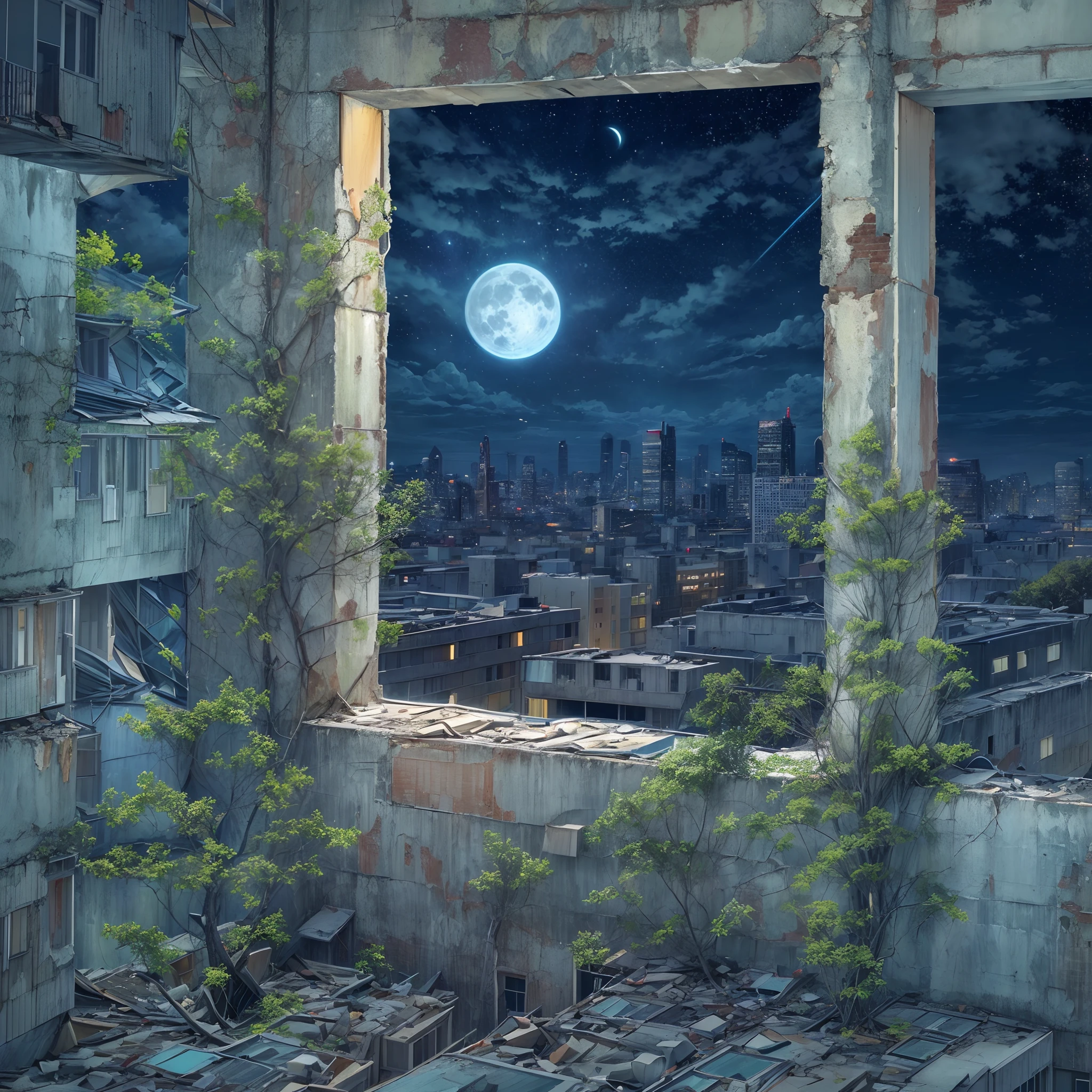 (masterpiece,relistic,post-apocalyptic [city:15]),A sapling absorbing moonlight in a ragged room, outside the window deserted high-rises stacked on top of each other, and a starry night sky.Top-down view of the sapling, background showing post-apocalyptic city night view.(There are no lights in the building:1.8) Whimsical pastel painting style