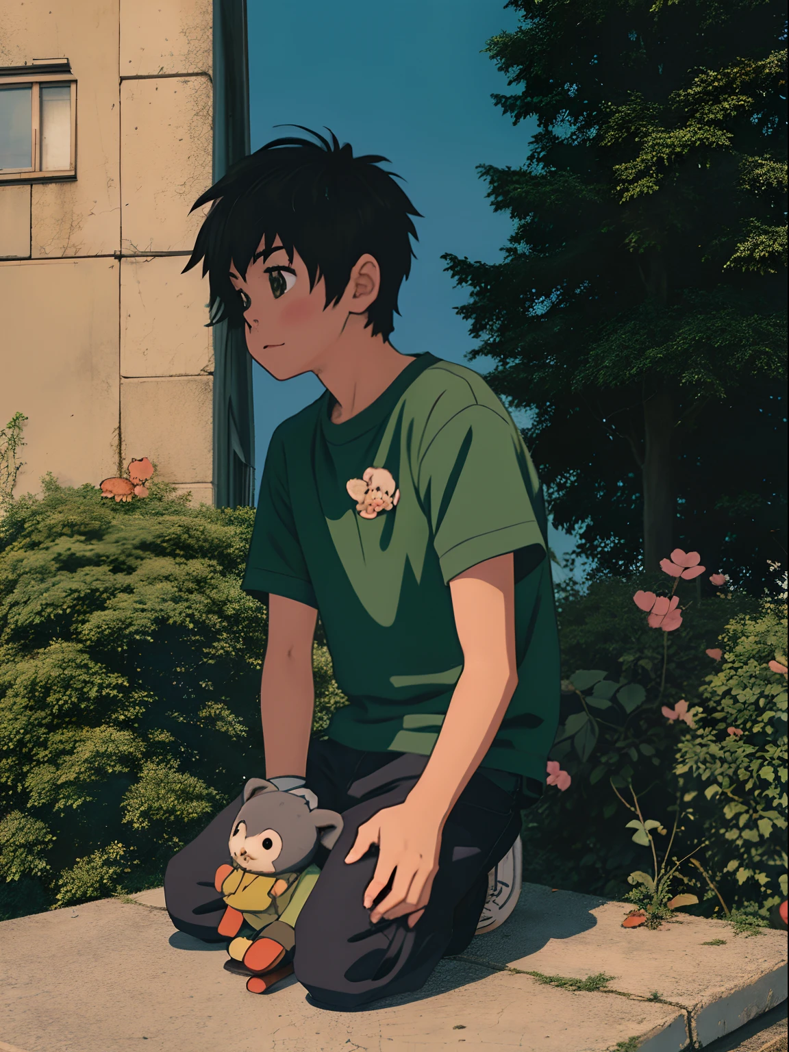 Anime boy sitting on a ledge with stuffed animals,lovely art style,Loepfe Art Style,cute detailed digital art,animeaesthetic,cute anime,High Quality Anime Art Style,Anime boys,anime art style,Lovely detailed artwork,Soft anime illustration,lofi-girl,lofi aesthetics,lofi art,lo fi,cute artwork,High-quality doujin art,illustrated anime,Wears dark green loose short sleeves