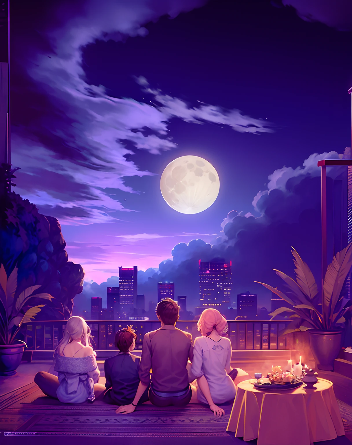 four people sitting on the terrace on a full moon night, a quiet night, one wearing a short-sleeved shirt, dressed modestly. digital illustration, background artwork, rooftop romance, rooftop party, dreamy moonlit atmosphere, stylized urban fantasy artwork, full moon view, roof set tokyo house, guweiz artwork, beautiful moon night, background art, looking at the moon