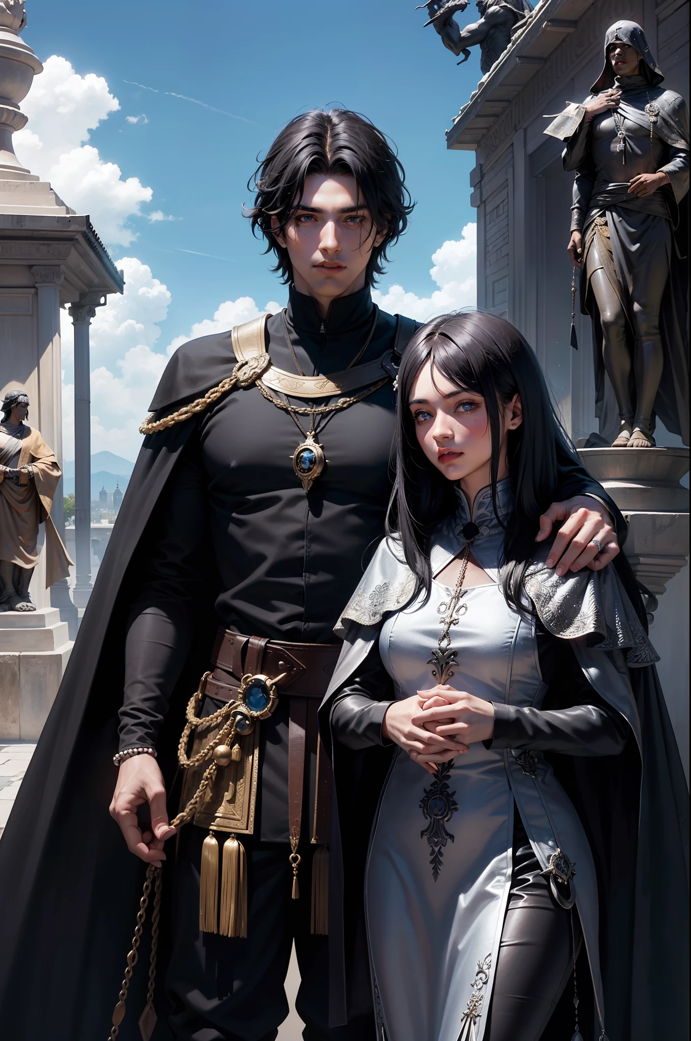 Mago, ele, macho, capuz ?????, dark, gotic, humano, male, glifos, ritual, capa negra com detalhes vermelhos, 4k, cabelo preto, silver eye color, Magic, blue skies, statues, cidade medieval