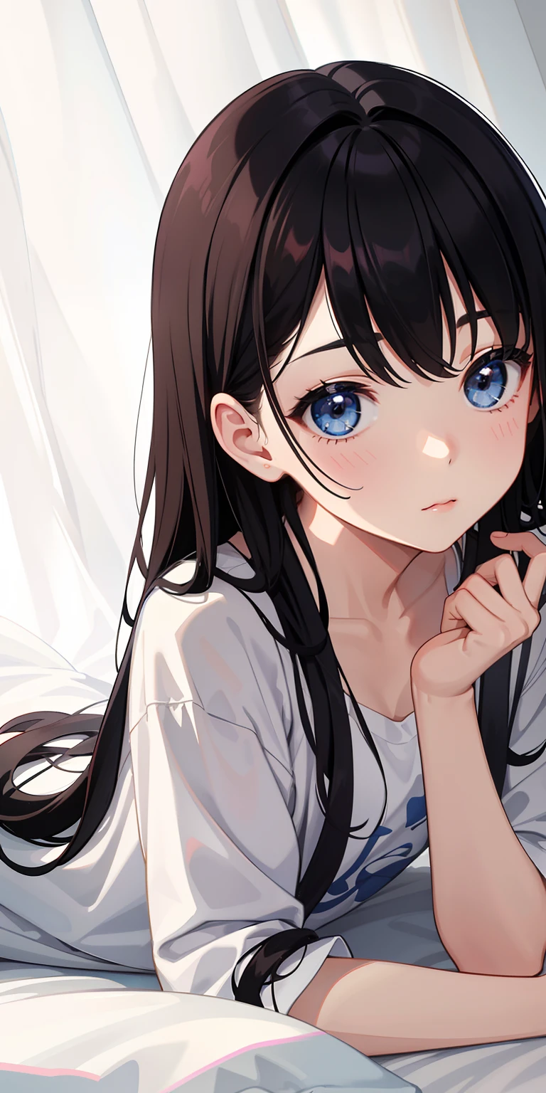 1girll, (pyjamas), with light glowing, side-lighting, Wallpapers,Black hair,The upper part of the body,Lie down in bed,hair splayed out,Hands do not appear in the picture。