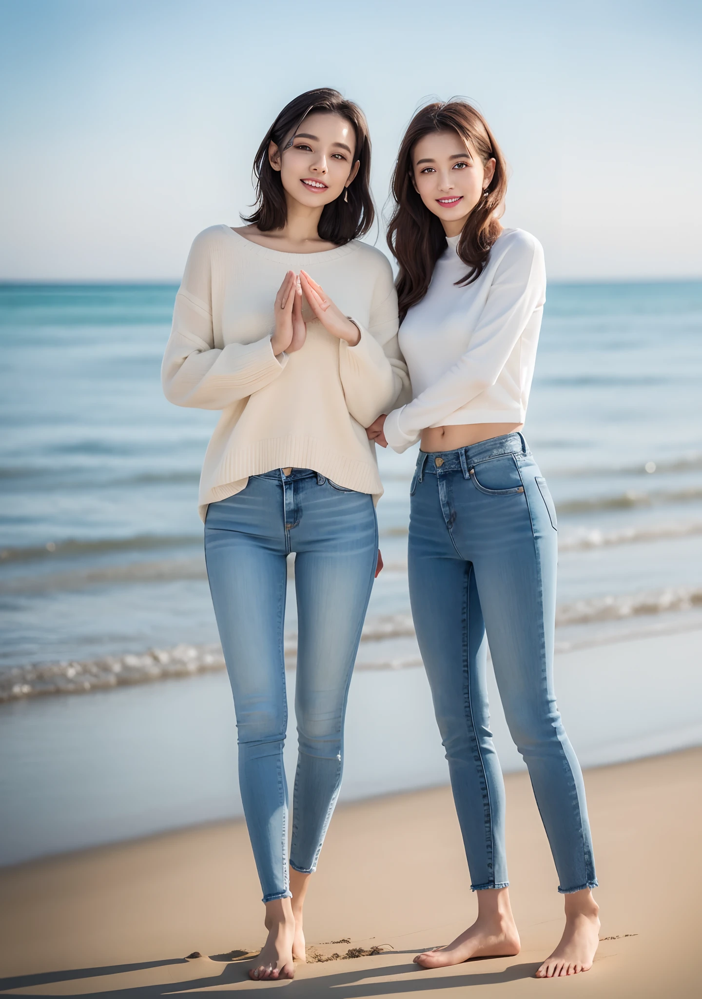 Woman in jeans on the beach,Practice yoga movements(Elegant and solemn movements),Full body shooting:1.8(RAW photogr,超高分辨率,8K,HD,tmasterpiece,best qualtiy),Complicated details, 20 years old Asian woman,Women wearing smoked gray cropped anxiety tight sweater(Slim fit,Fit snugly to the body)and trendy jeans with open navels,Realistic and detailed costumes,Detailed beach,A sweet smile appeared on the little face,The face is white and tender,skin lightening,Ultra-realistic facial details,Beautiful accessories,White skin and beautiful appearance,The skin is as fat as jade,The face is delicate and watery,Playful and coquettish pose,The calves are straight and slender:1.5,Wear high-end branded travel shoes:1.5,eventide,warm color,Broad lighting,naturalshadow,taking a full body photo:1.8