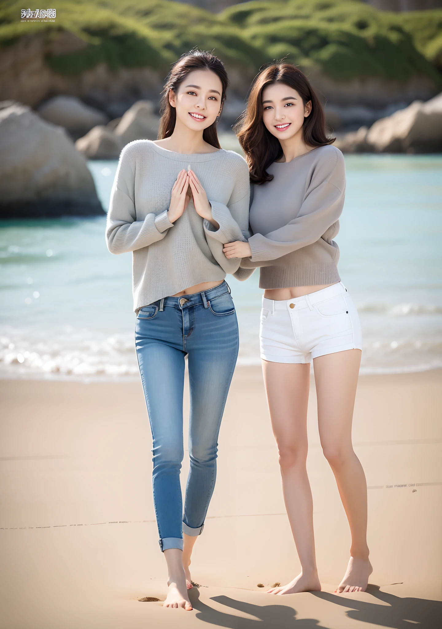 Woman in jeans on the beach，Practice yoga movements（Elegant and solemn movements），Full body shooting:1.8（RAW photogr，超高分辨率，8K,HD,tmasterpiece，best qualtiy），Complicated details， 20 years old Asian woman，Women wearing smoked gray cropped anxiety tight sweater（Slim fit，Fit snugly to the body）and trendy jeans with open navels，Realistic and detailed costumes，Detailed beach，A sweet smile appeared on the little face，The face is white and tender，skin lightening，Ultra-realistic facial details，Beautiful accessories，White skin and beautiful appearance，The skin is as fat as jade，The face is delicate and watery，Playful and coquettish pose，The calves are straight and slender:1.5，Wear high-end branded travel shoes:1.5，eventide，warm color，Broad lighting，naturalshadow，taking a full body photo:1.8