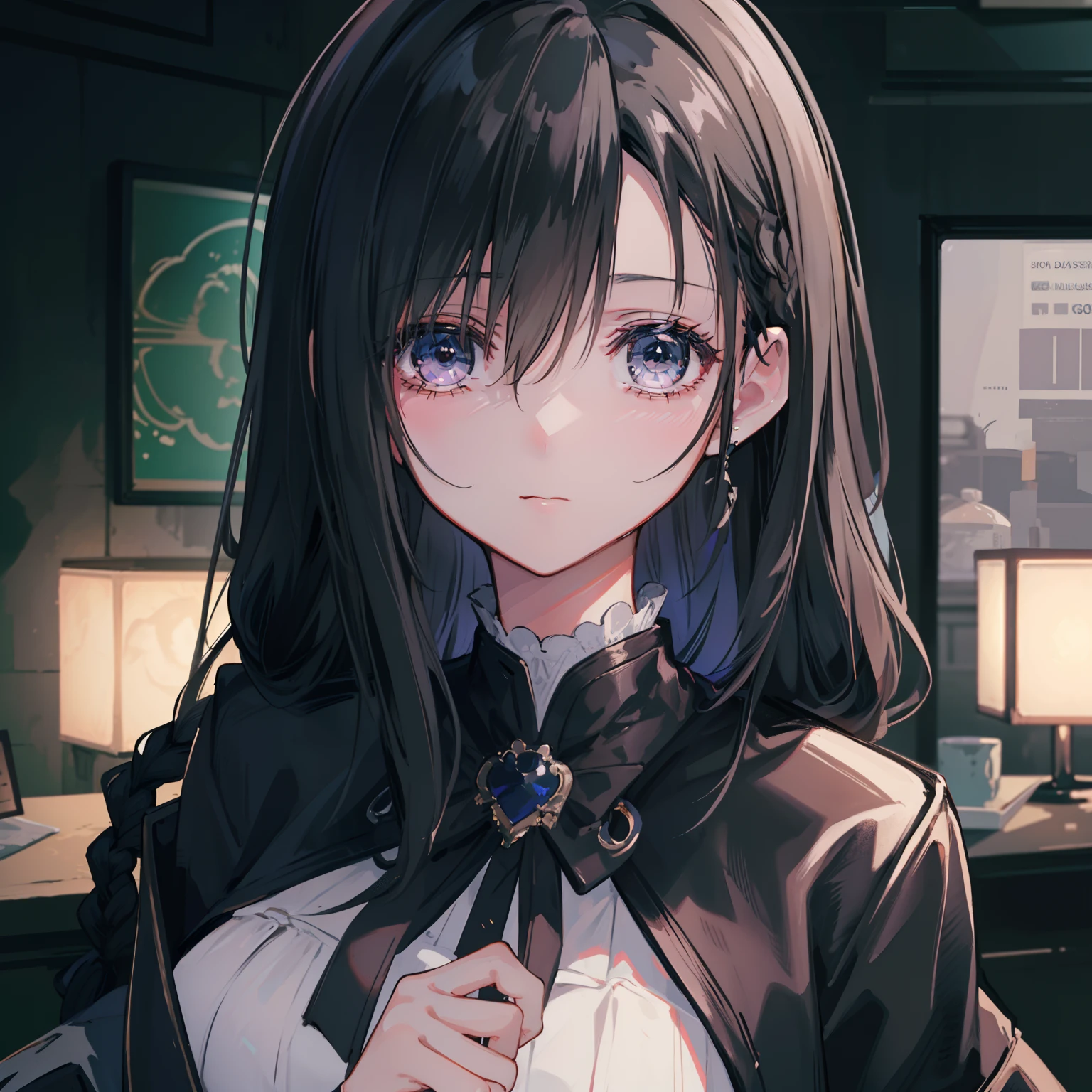 1girll,Masterpiece, (8K, Best quality, Masterpiece:1.2),Highly detailed,Ultra-detailed,masterclass,Best quality,illustration,Hair_between_Eyes,Perfect lighting, Cowboy shot, Black jacket,with black curled hair,Braids