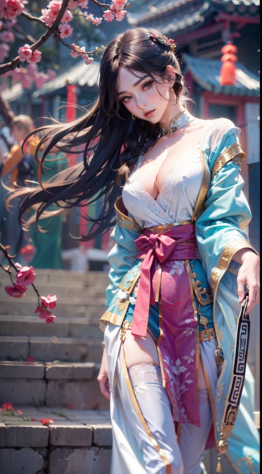 Ancient Chinese architecture，National style beautiful girl，Wear revealing Hanfu，Simple clothing， Minimalist style，Mixed Chinese and American races，The background is blurred out，focal，电影灯光，
Seven-doppelganger shot，(((tmasterpiece))), ((best qualtiy)), ((Complex and detailed)), ((ultra-realistic realism)), Ridiculous resolution, A MILF, Mature woman, ssee-through, highly  detailed, illustratio, 1girll, (mediuml breasts), Thin waist and thick hips，long leges，beatiful detailed eyes, short detailed hair, brunette color hair, a purple eye, blackstockings，lacy clothing，Skirt that wraps hips，tightsuit，with faintly visible，Cool clothing，The body proportions are perfect，（No underwear），pantiess, detailed back ground, perfect  eyes, Seductive eye, （nice hand），Detail hands，looking at viewert，From the front，Wear light，juicy legs，deep v big breasts，